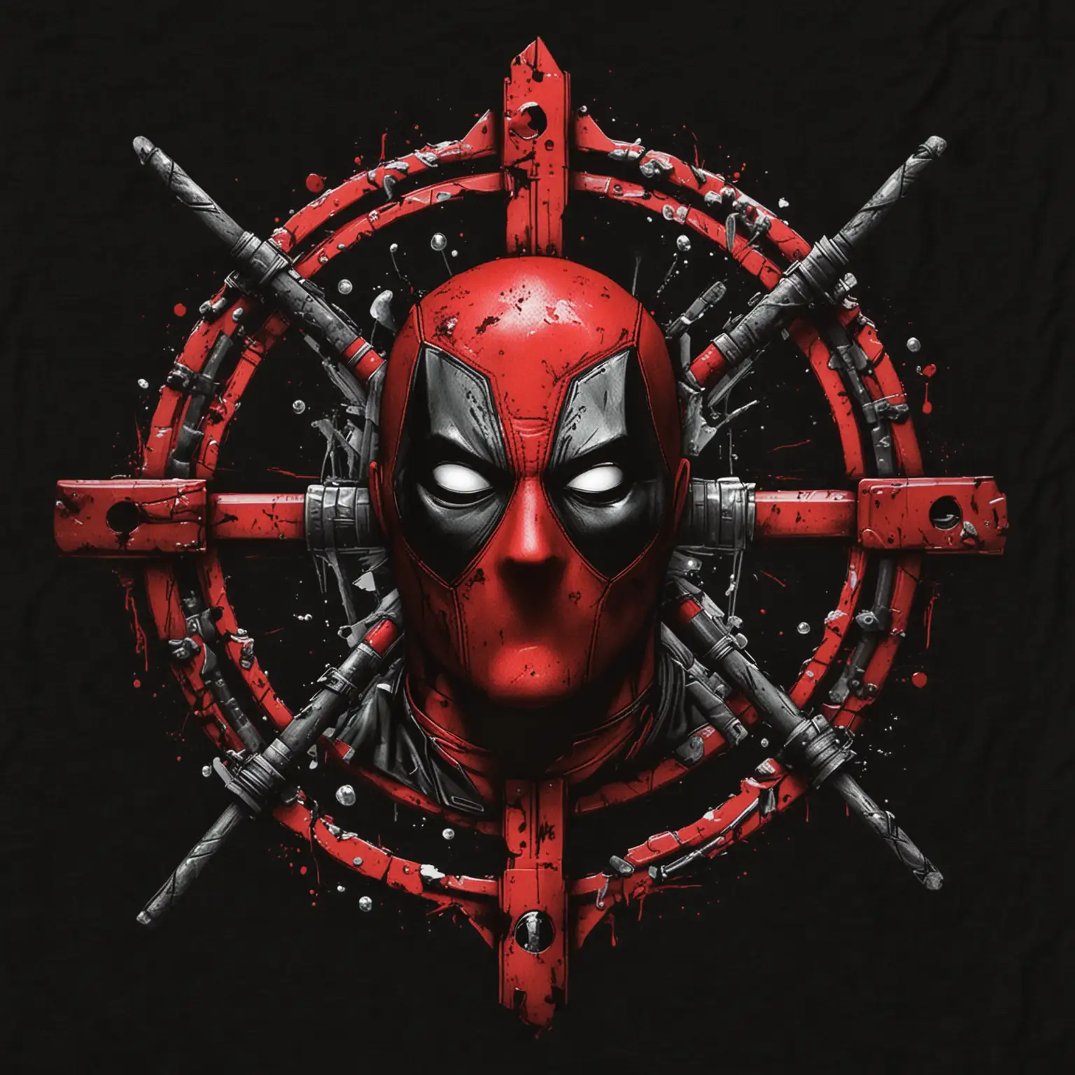 Tee shirt front logo, Deadpool's head between double red crosshairs, include two pool sticks in X pattern, black background