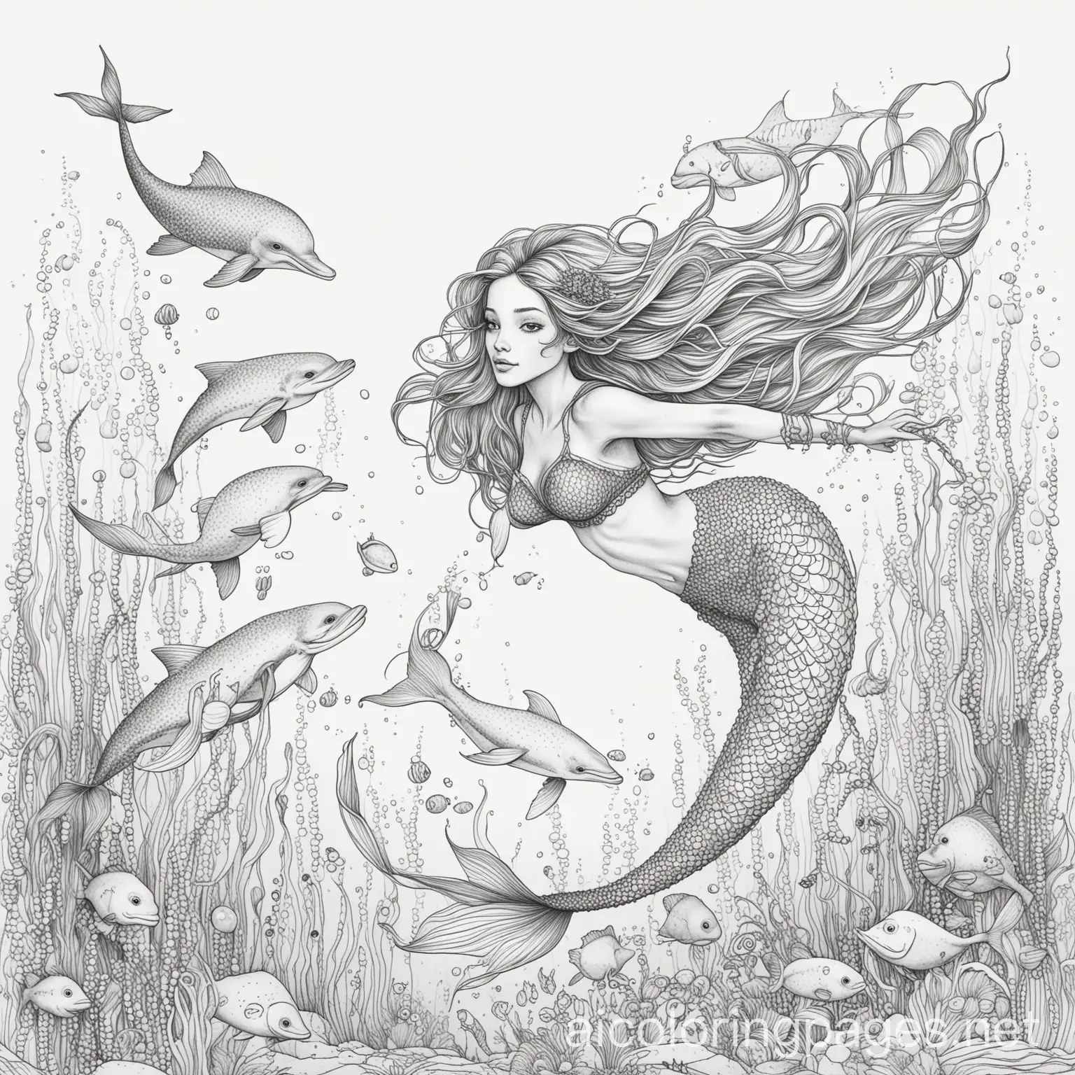 Mermaid swimming with dolphins and fish , Coloring Page, black and white, line art, white background, Simplicity, Ample White Space. The background of the coloring page is plain white to make it easy for young children to color within the lines. The outlines of all the subjects are easy to distinguish, making it simple for kids to color without too much difficulty