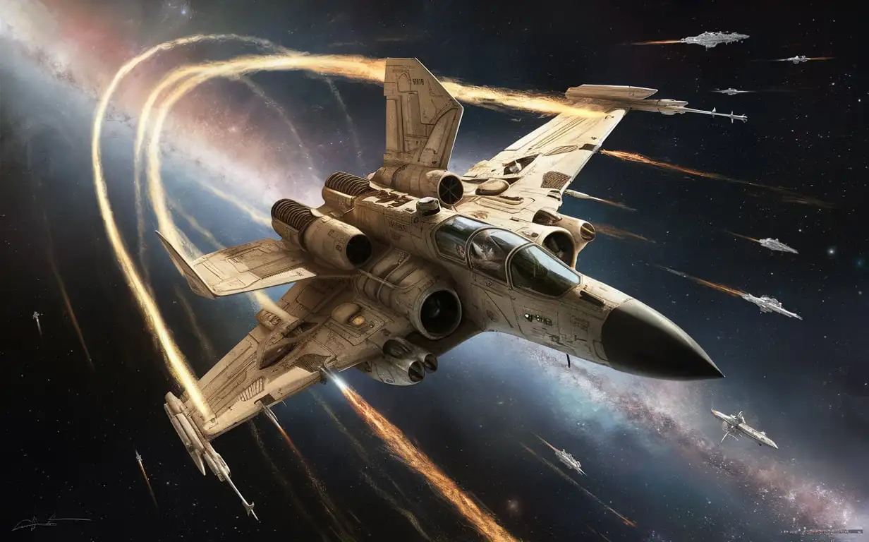 detailed space fighter jet on a starry background with spaceships