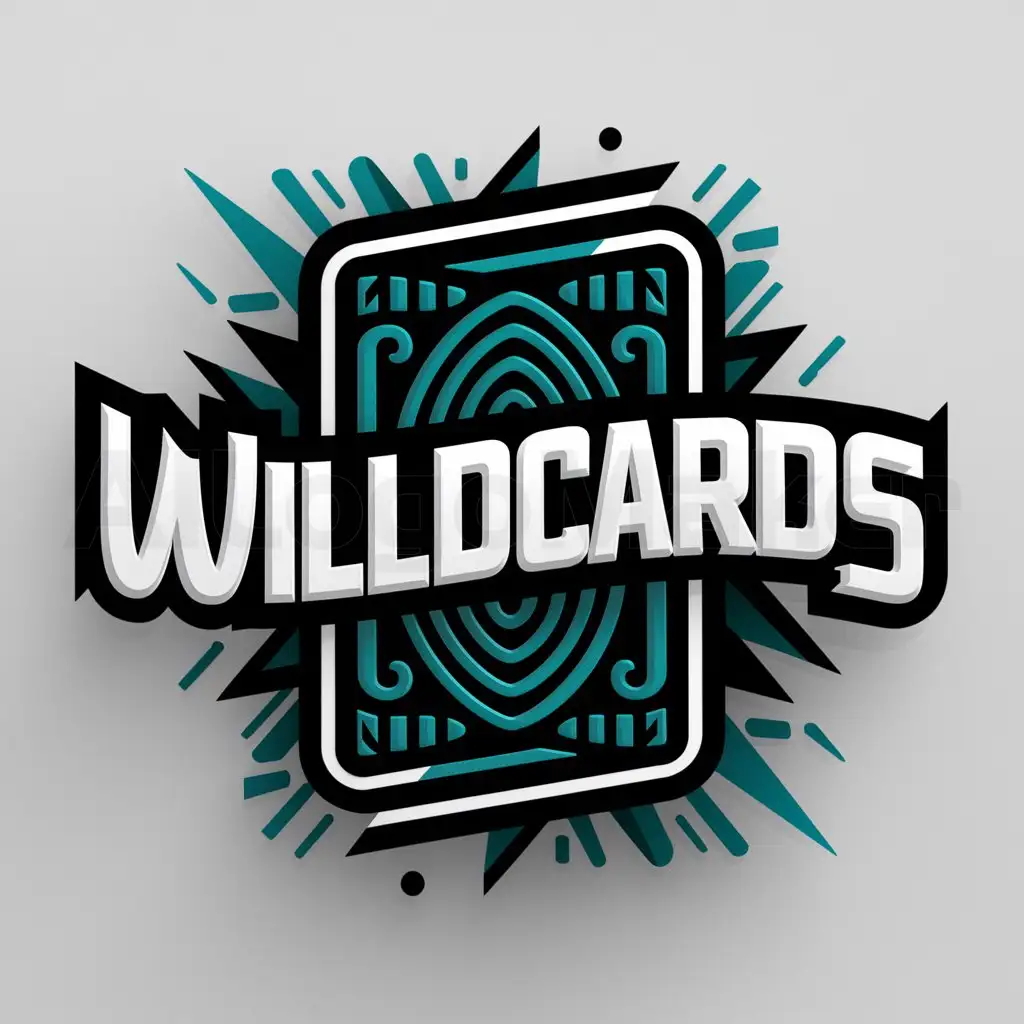 a logo design,with the text "WildCards", main symbol:Playing card in color teal black and white,complex,clear background