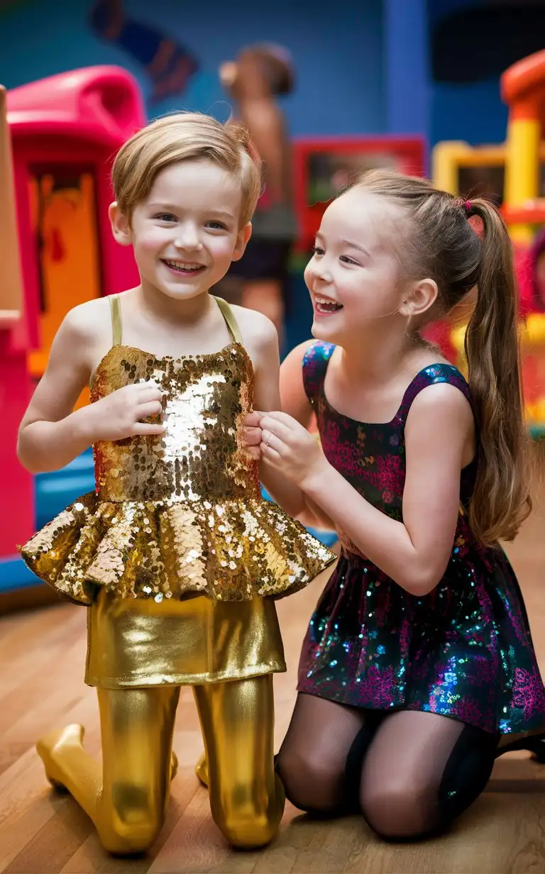 ((Gender role-reversal)), photograph of a white-skinned brother and sister, a cute boy with short blonde hair age 8, and a cute girl with long hair in a ponytail age 9, on vacation at a museum, the girl is laughing because the boy is trying on a golden sequin peplum dress with latex tights for fun, they are in the museum toy and costume room, cute smiles, adorable, perfect faces, clear faces, perfect eyes, perfect noses, smooth skin