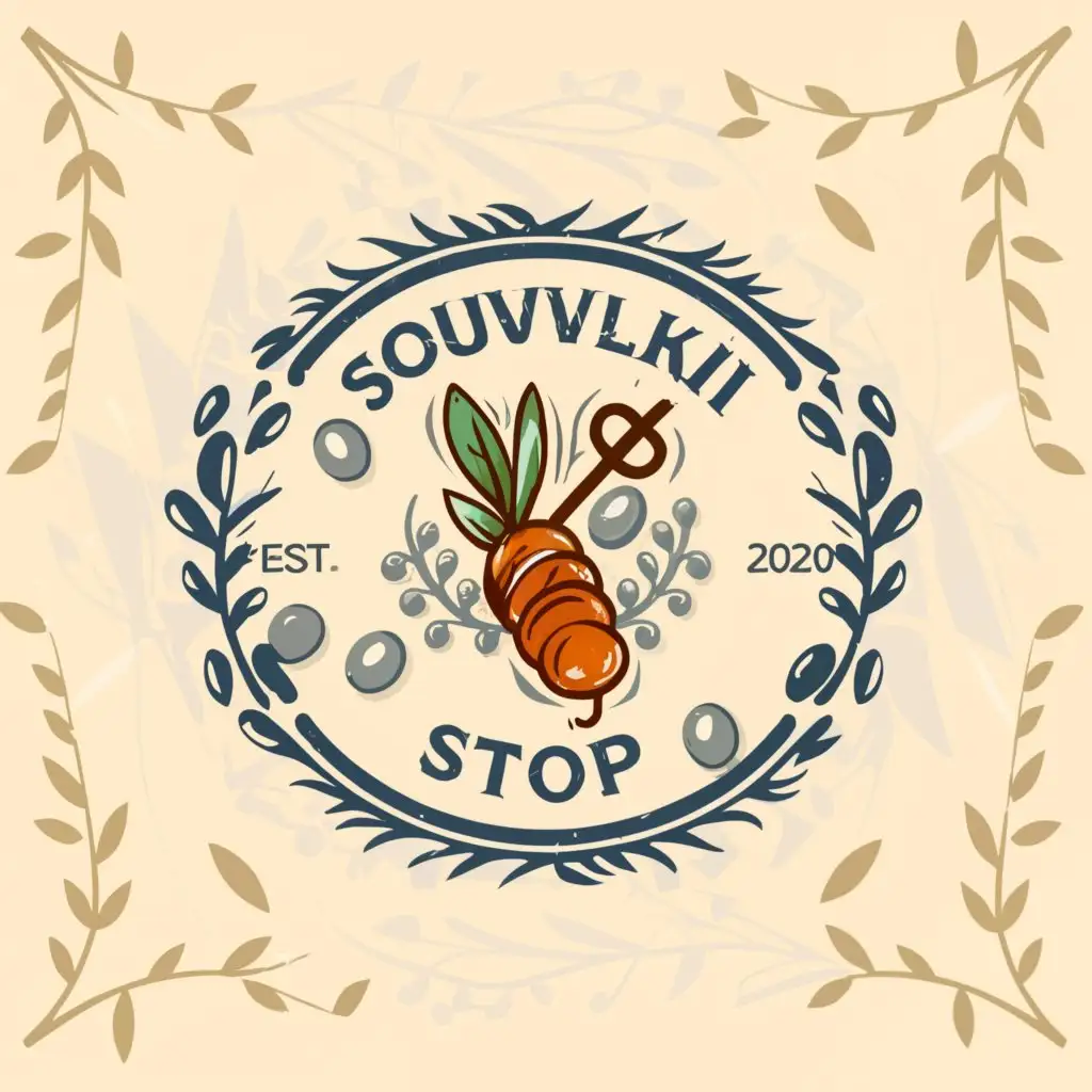 a logo design,with the text "Souvlaki Stop", main symbol:Kebab with a greek styled logo ( Blue and White),Moderate,be used in Restaurant industry,clear background