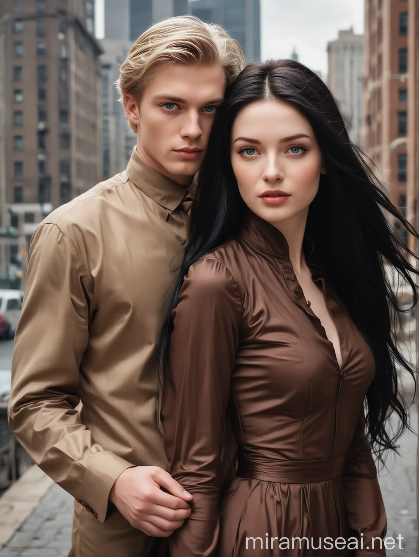 The subject of the portrait is a woman with white, pale skin and a flawless physique and a man that has pale flawless skin. The woman have long, lustrous black hair that shines brightly and the woman is wearing a captivating chocolate brown dress that highlights her hourglass shaped body while the man on her side is wearing business attire and the man should have short regulation-cut blonde hair. The image should prominently highlight their blue eyes while ensuring the eye and hair color remain distinct. The background should be tall buildings in the island.