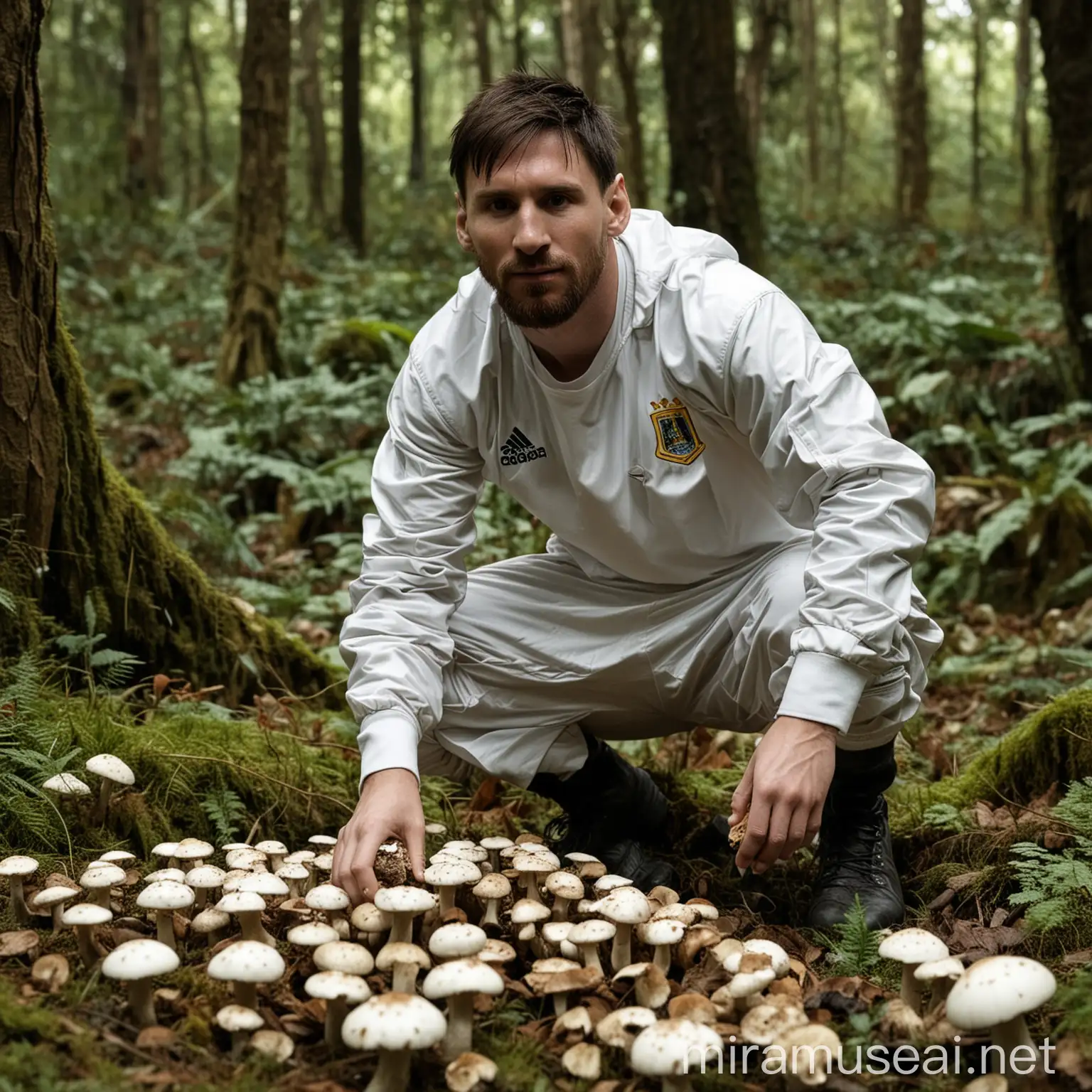 One Lionel Messi with Argentina football dressed harvesting mushrooms, in a big ancient rainforest, with a lot of agaricales mushrooms all white with a lot of scales.