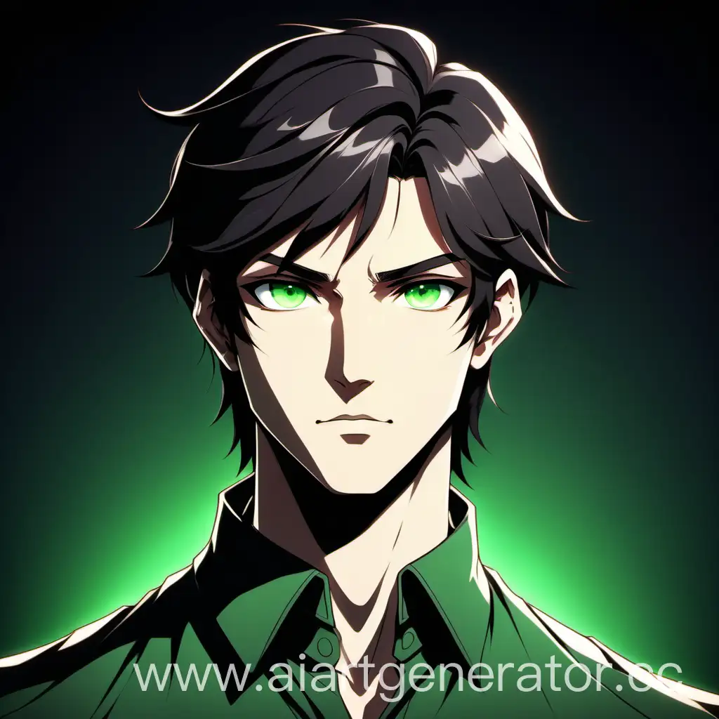 Avatar in anime style retro boy with medium dark hair and green eyes, dark background, sultry look