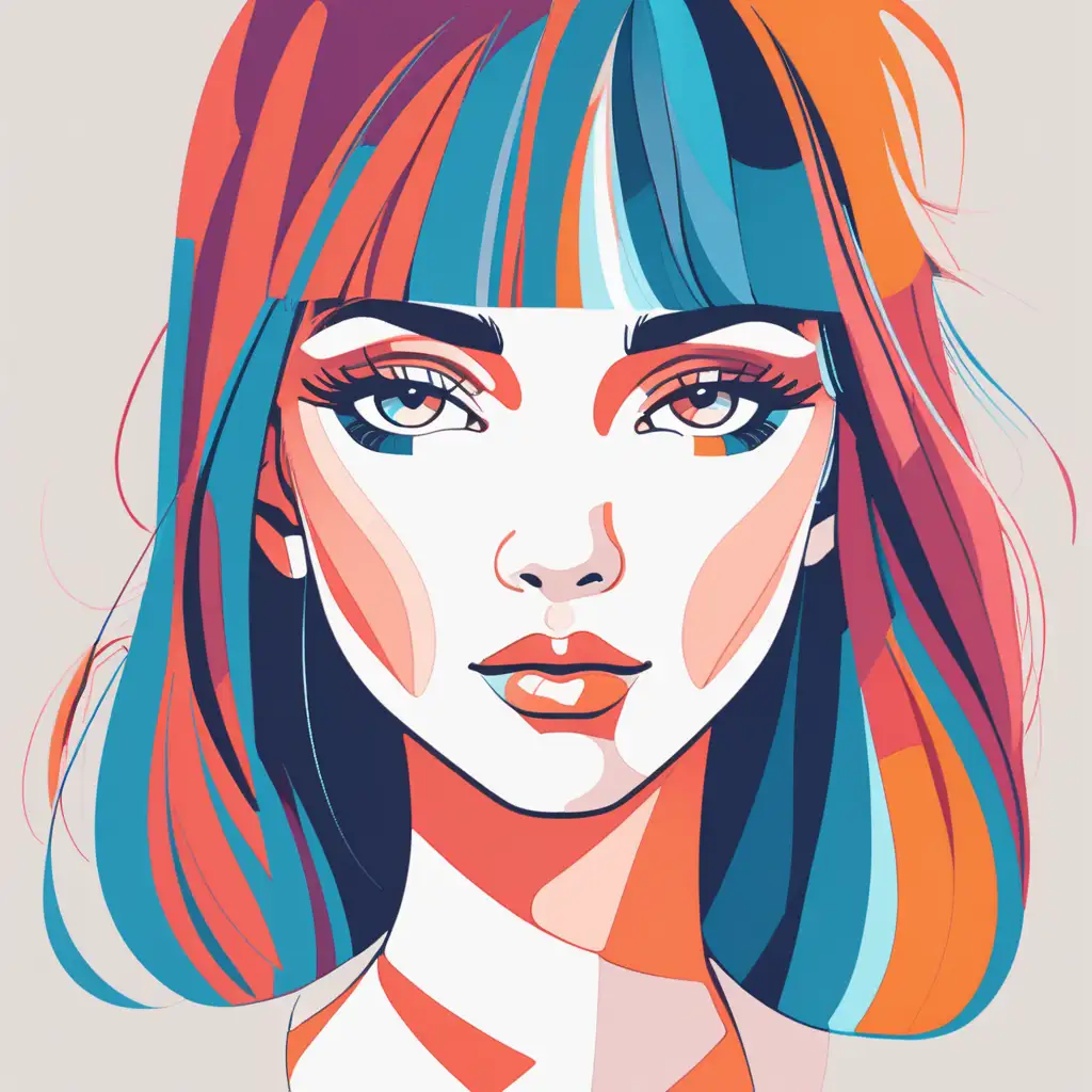 Draw me a lady's face. 2D flat. Use a maximum of 6 different colors. Illustrations should be simple, stylized and easy to understand. Pay attention to clean lines and bold colors to make the result visually appealing