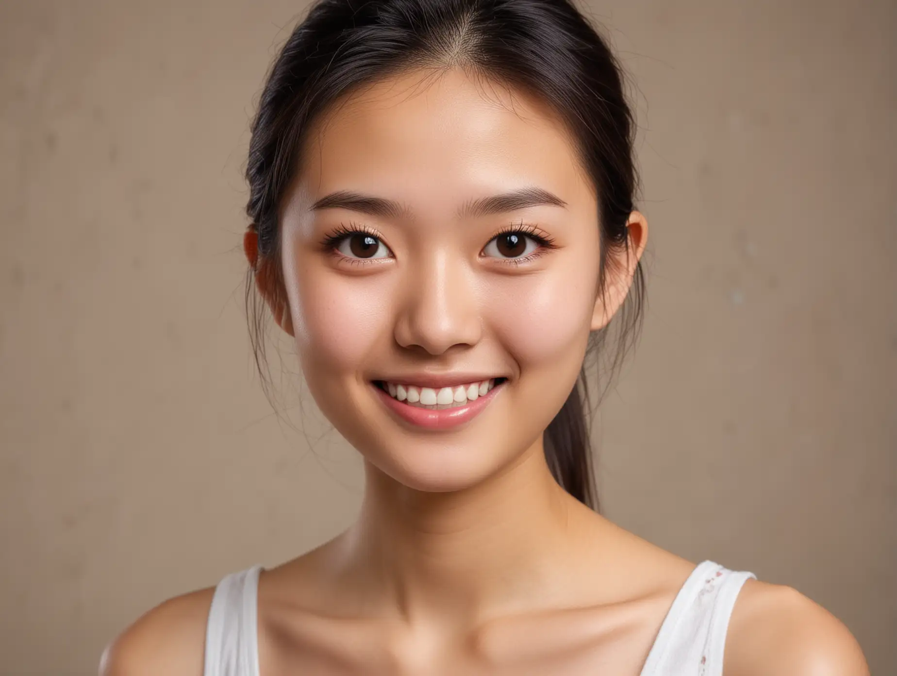 Headshot of a beautiful skinny 22 year old chinese woman with intelligent, mischievous eyes and a playful smile.