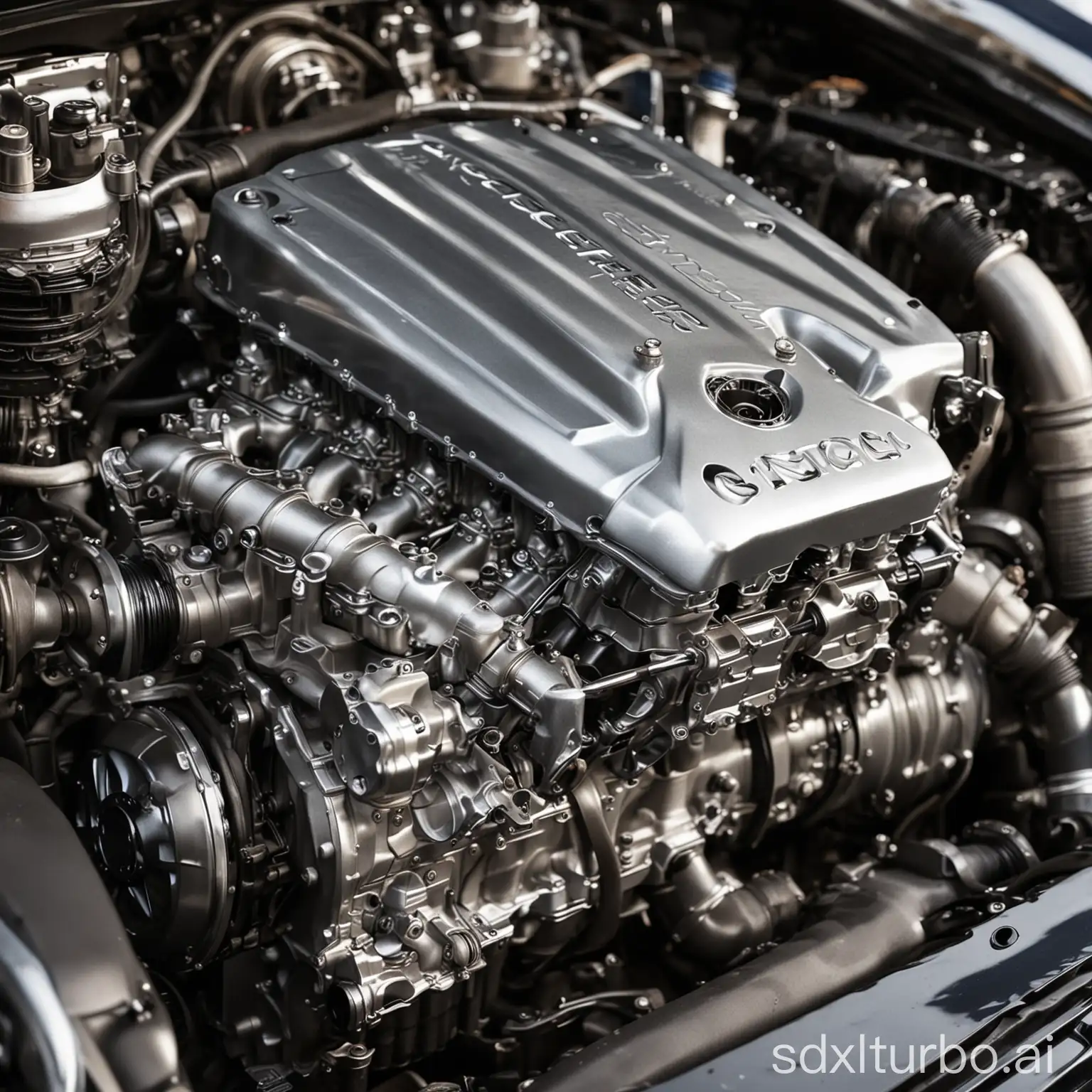 A close-up image of a car's engine. The engine is shiny and new, and it looks like it's ready to race. The image is taken from a low angle, and the engine is the focus of the image.