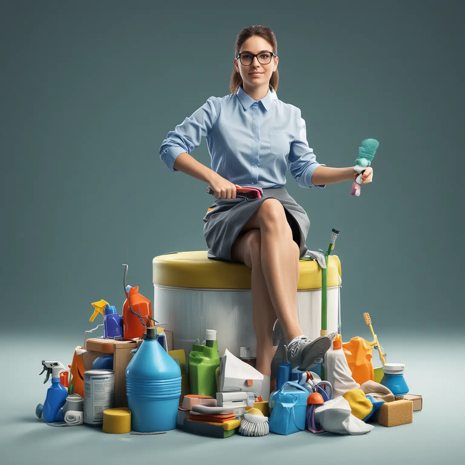 depict a teacher sitting on 3D cleaning supplies media