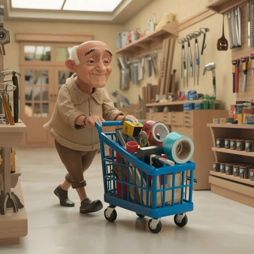 Old bald Italian man pushing a blue cart in a hardware store