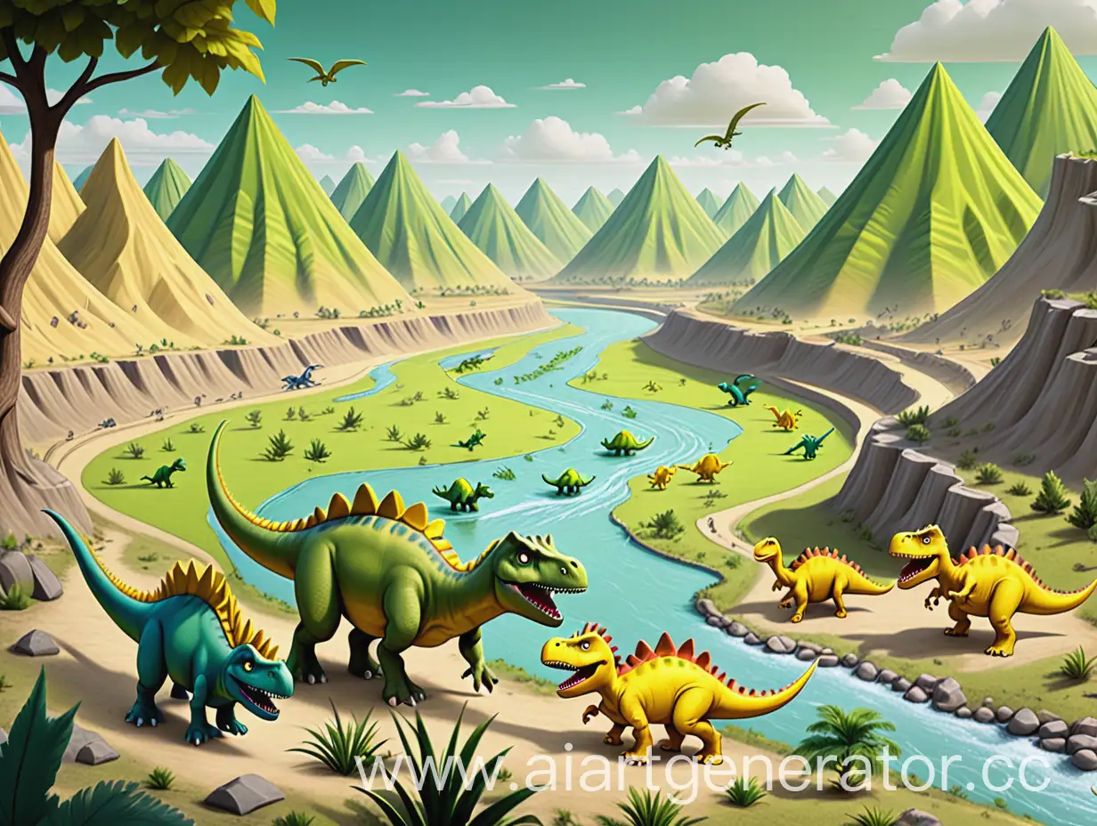 из левого верхнего угла в правый нижний течет река, с левого берега реки расположен отряд зеленых мультяшных динозавров, на правом берегу реки расположен отряд желтых мультяшных динозавров, картина изображает местность, на которой будет битва двух отрядов динозавров