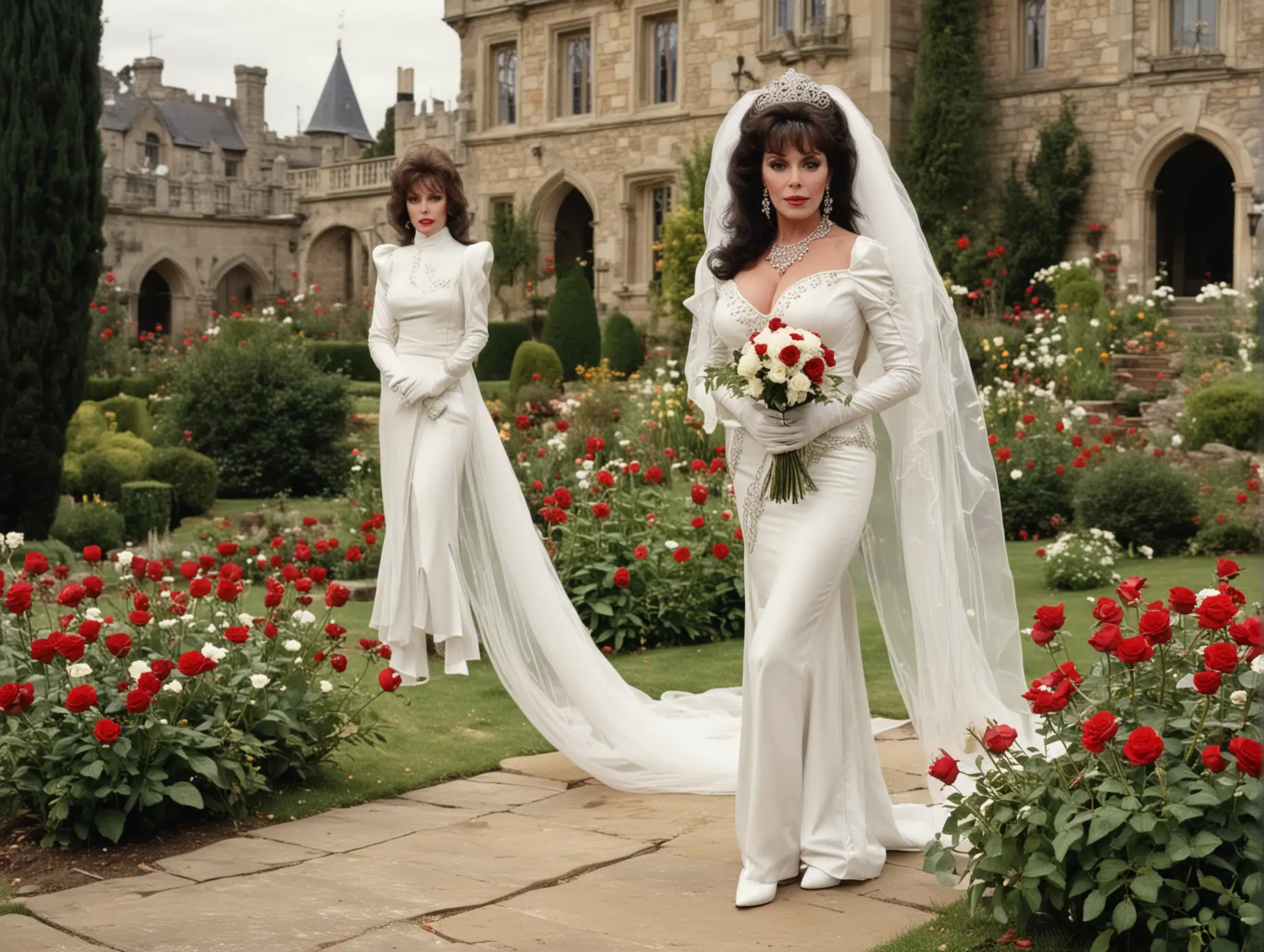 a full length view of a very sexy, very busty, very stern looking 1980S JOAN COLLINS AS ALEXIS COLBY FROM DYNASTY with BIG HAIR OUTSIDE IN THE GARDEN OF HER CASTLE wearing a tiara and jewels wearing a WHITE leather wedding dress, bodice, skin tight WHITE leather pants, WHITE leather boots, WHITE leather gloves, holding a bouquet of RED roses, WHITE veil standing on the floor at her LAVISH wedding in THE GARDEN OUTSIDE her castle