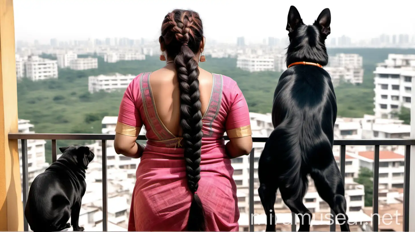 back side of a 47 years old fat huge figure mature  indian woman with thick long hair  french braid with hair with spectacles with back less body, standing in a balcony  and black dog is standing near her