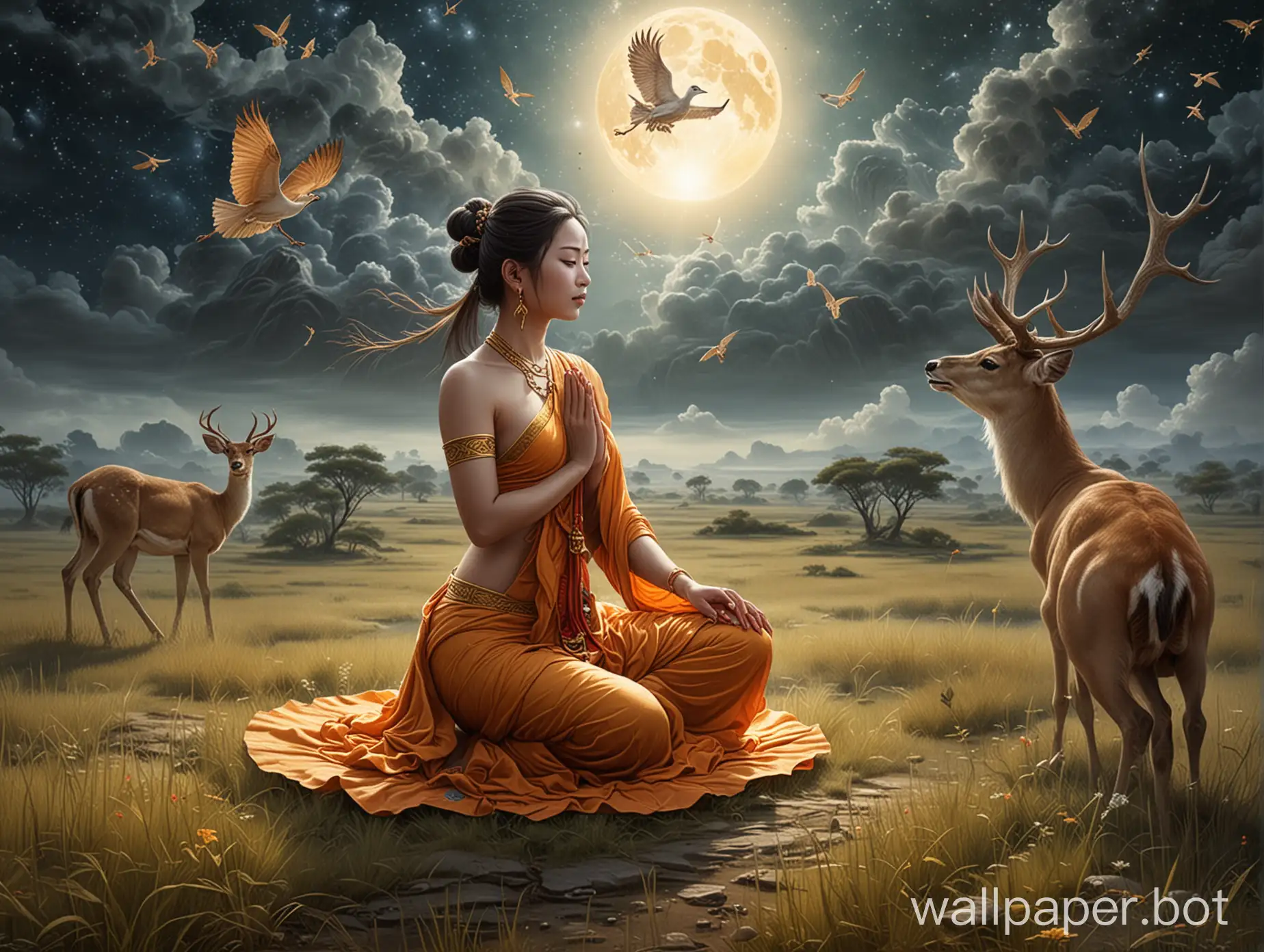 Buddha   woman kneeling    celestial crane   deer   grassland