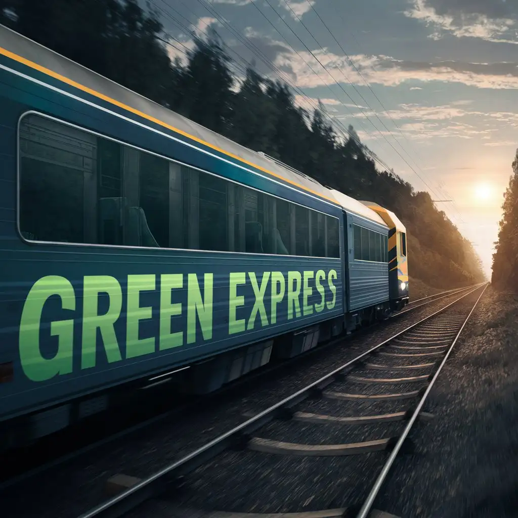 Нарисуй поезд без людей уезжающий в лес с большой надписью Green Express