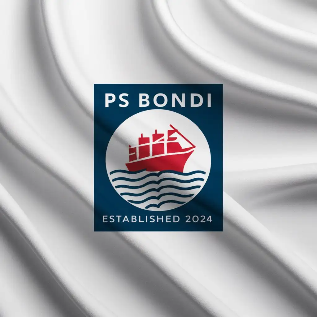 a logo design,with the text "PS BONDI '' ESTABLISHED 2024", main symbol:this logo is a circle or rectangle shape. logo should be created with stamp effect. the logo should include a ship. preferred colors are navy blue, white, and red. must be white background,Moderate,clear background
