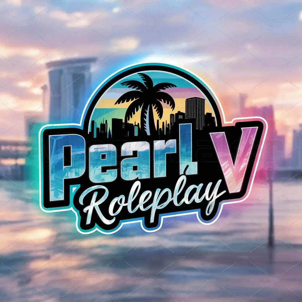 a logo design,with the text "Pearl V Roleplay", main symbol:palm tree and downtown miami , blue, teal and pink color matching sunset background and more classic font gta vice city style roleplay fivem colorful text,Moderate,clear background