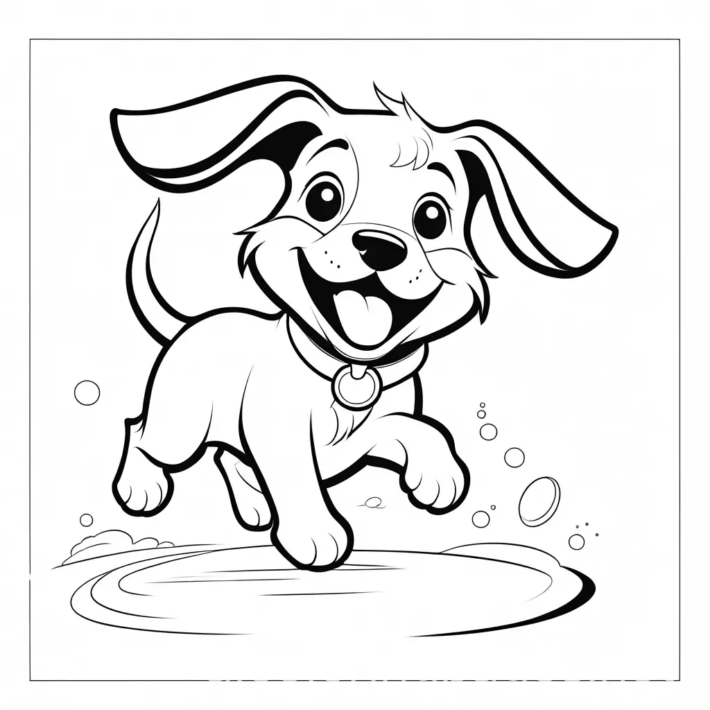 a happy puppy chasing after a frisbee, Coloring Page, black and white, line art, white background, Simplicity, Ample White Space