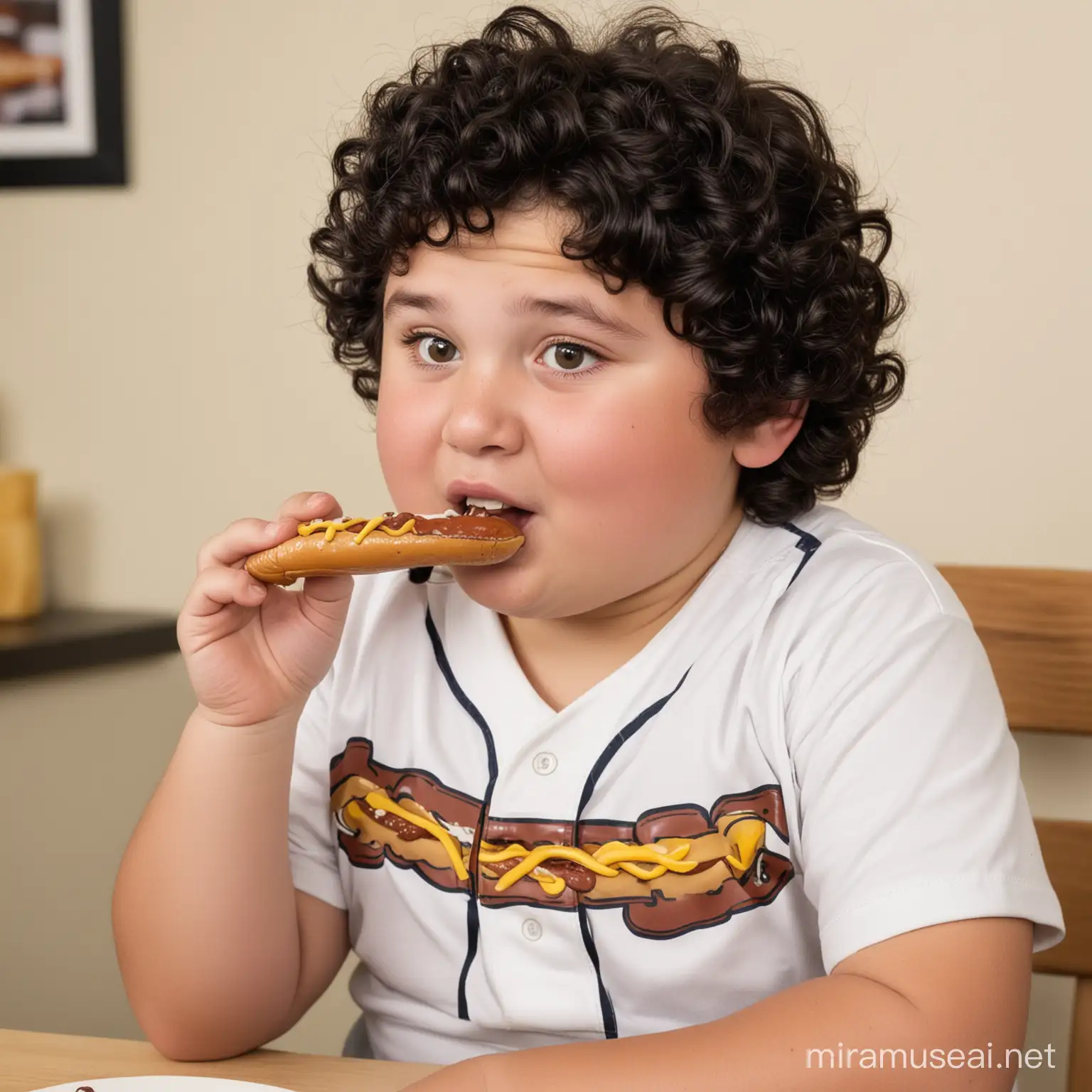 fat baseball kid with black curly hair eating weiners 