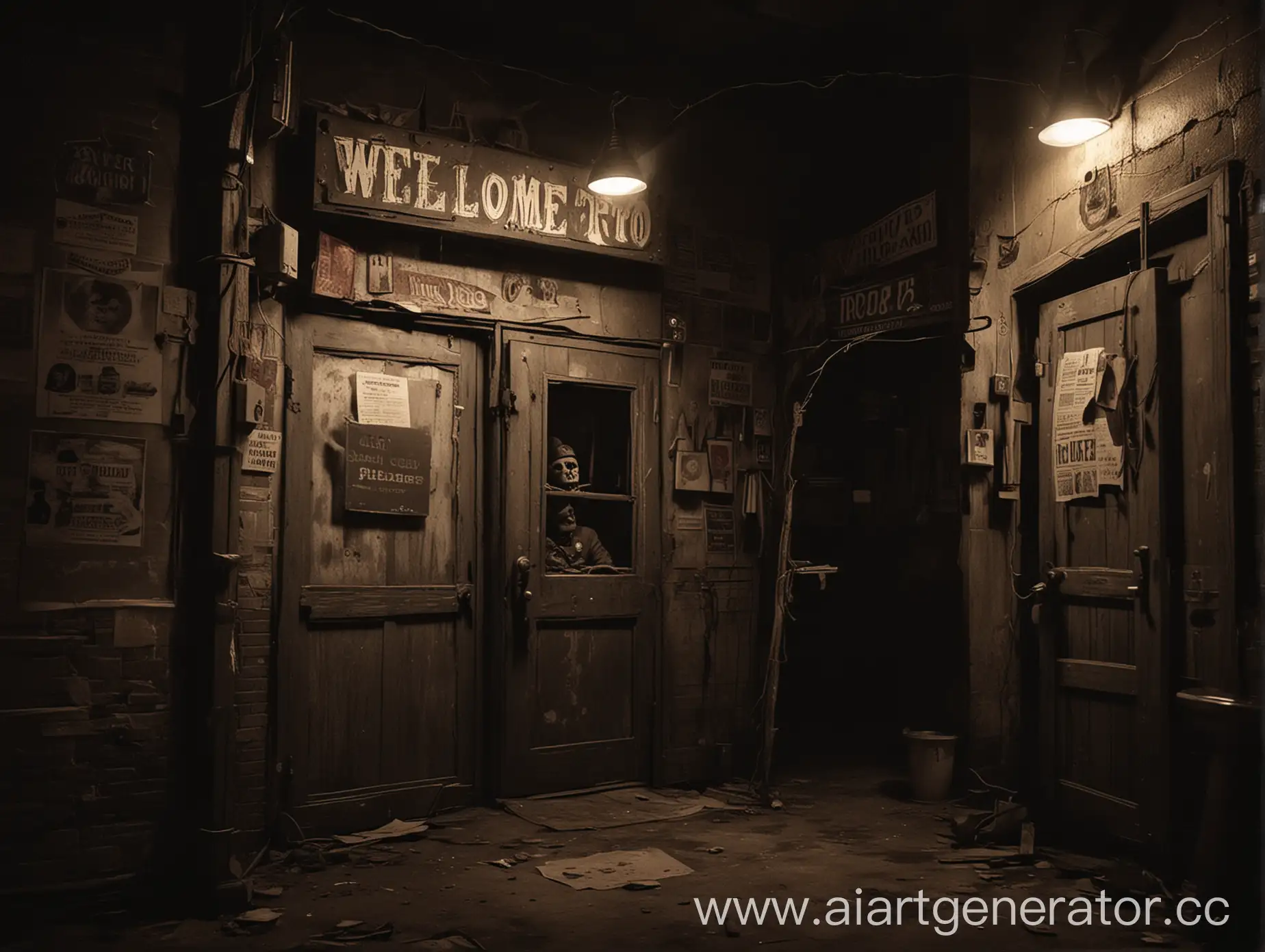 Create an illustration inspired by the song "Welcome to Freddy's," capturing the eerie and intense atmosphere of Five Nights at Freddy's. The scene should depict a new security guard in a haunted pizzeria, surrounded by animatronics that come to life at night. The background should be dark and ominous, with shadows and flickering lights to emphasize the fear and tension. The guard monitoring security cameras, showing different parts of the haunted pizzeria. The guard uncovering hidden truths, perhaps finding old photographs or newspaper clippings.