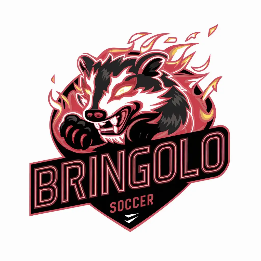 Logo for BRINGOLO soccer team with an aggressive badger in flames, in neon mode