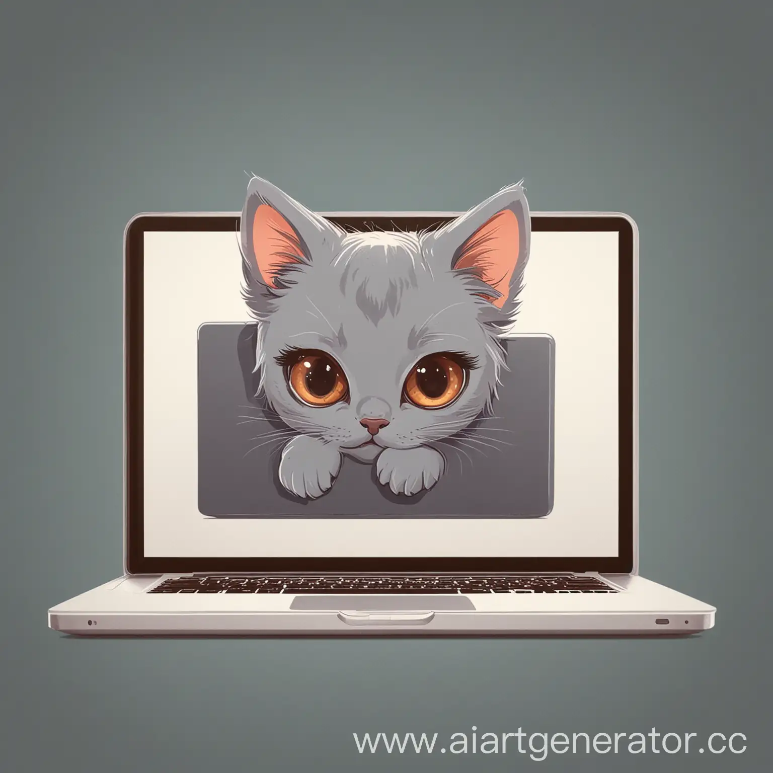 изображение для логотипа в векторной графике, котенок выглядывает из-за экрана ноутбука, ноутбук повернут задней стороной