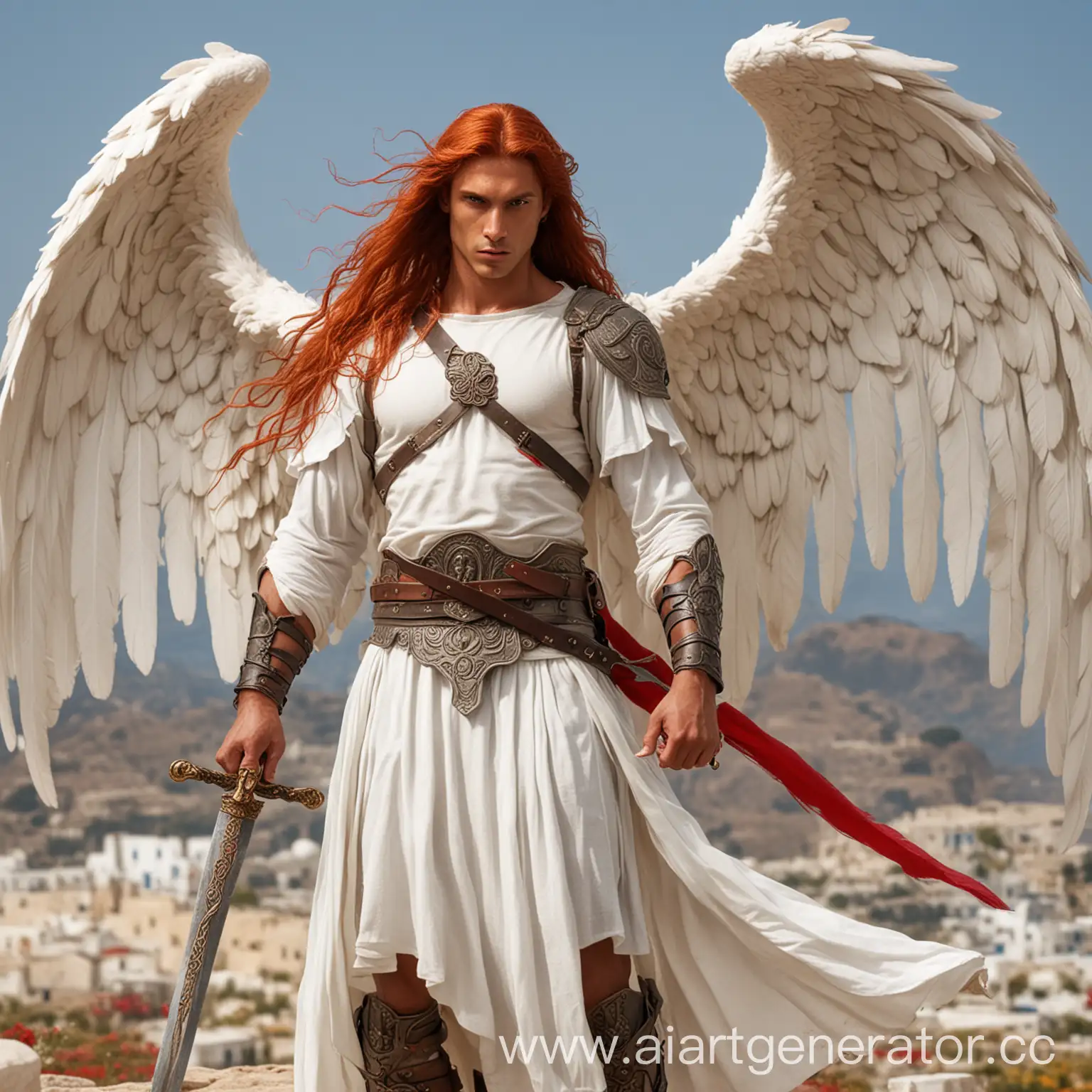ангел мужчина с смуглой кожей и длинными красными волосами, с красными большими крыльями и мечом в руке, в белых греческих одеждах