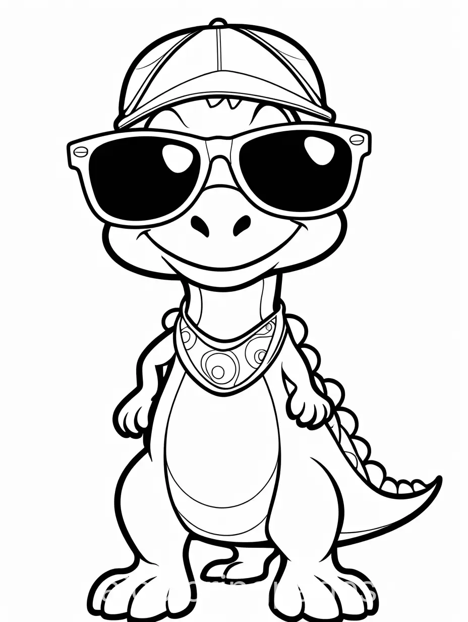 happy dinosaur wearing sun glasses, blank background, Coloring Page, black and white, line art, white background, Simplicity, Ample White Space. The background of the coloring page is plain white to make it easy for young children to color within the lines. The outlines of all the subjects are easy to distinguish, making it simple for kids to color without too much difficulty