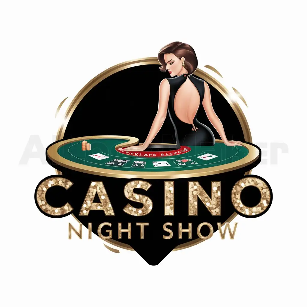 a logo design,with the text "casino night show", main symbol:blackjack table with sexy open bra dealer,complex,be used in Entertainment industry,clear background
