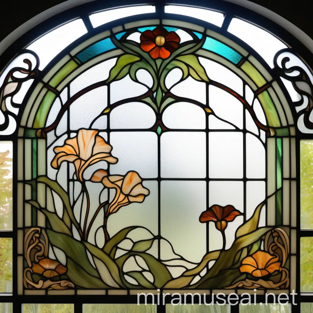витраж тиффани на окне в спальне из цветного стекла тиффани с изображением в саду в стиле ар нуво
