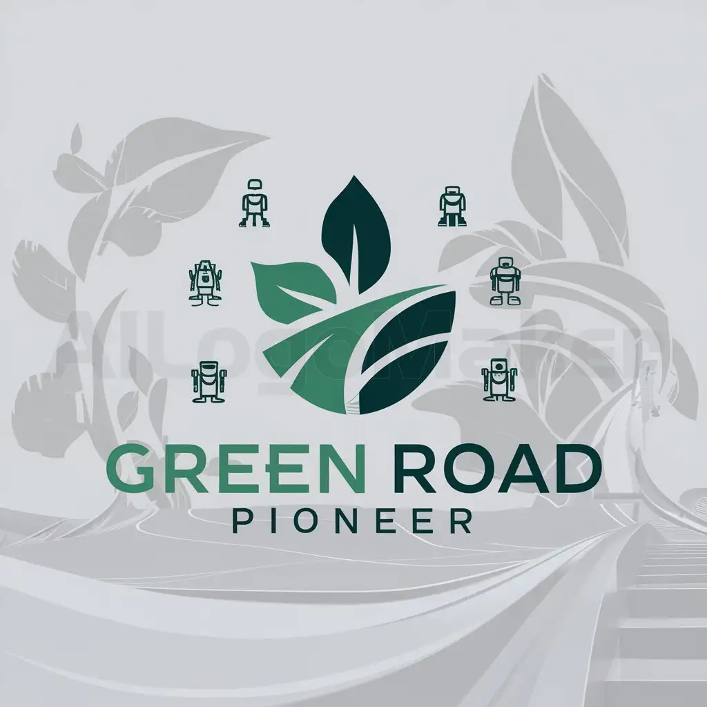 a logo design,with the text "Green Road Pioneer", main symbol:Leaves, roads, garbage cans, pioneers, robots,Minimalistic,clear background