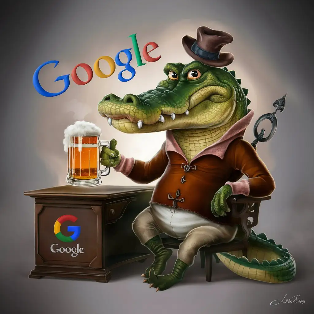 Imagine a cartoon crocodile wearing a hat, brooding, and cheerful, . He's sitting next to a steel, and he's holding a mug with Google written on it and a beer in his hand. Behind him in colorful letters it says Google. Crocodile is dressed in a stylish brown medieval style polo, which emphasizes her serious and somewhat mysterious look. He is in an office. This crocodile in medieval style looks like it came out of a fairy tale, and every detail adds mystery and elegance to the portrait.