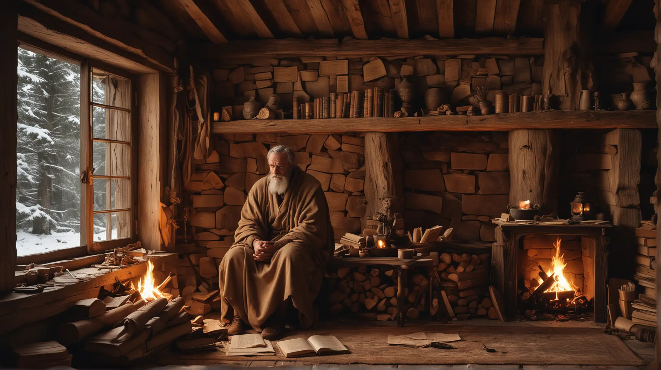 Stoic Philosopher Contemplating Wisdom by Fireplace in Rustic Cabin
