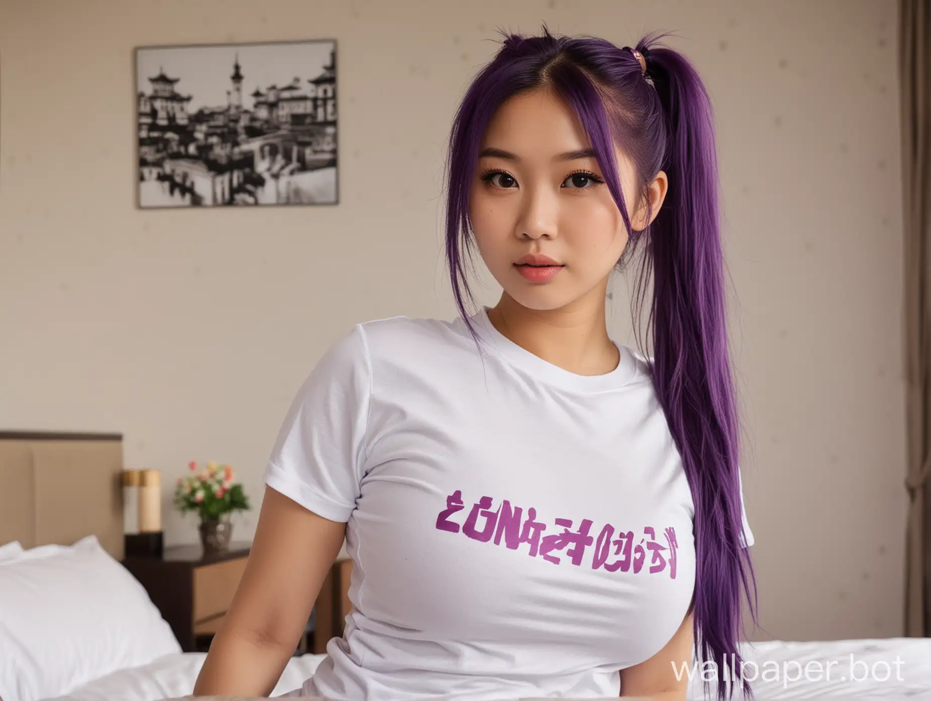 asian university student, big boobs, full lips, tight t-shirt, luxurious hotel room, purple hair, pony tail