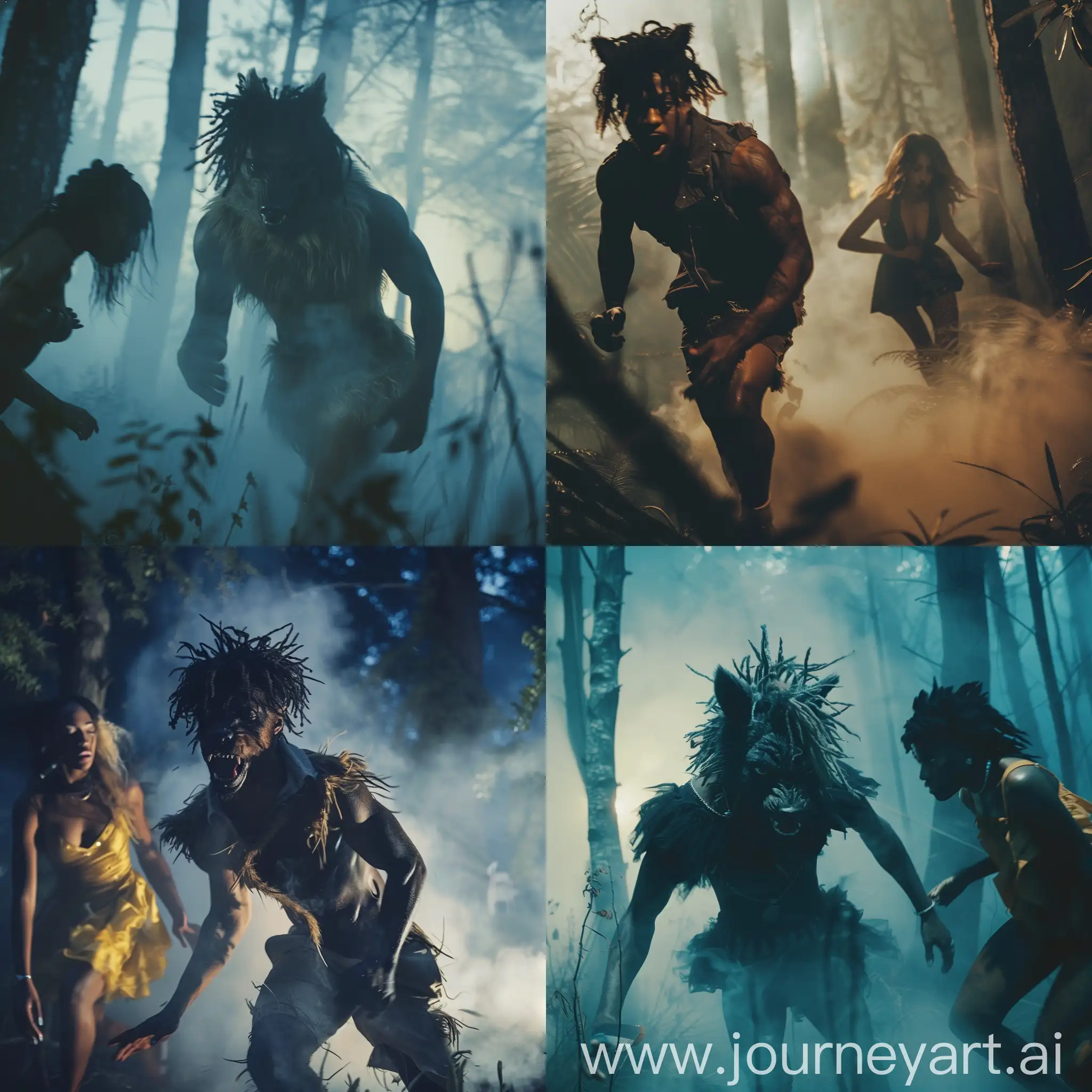 a 1980s Thriller music video,of Juice Wrld as a ware wolf,in a smokey forest,chasing a young woman.
