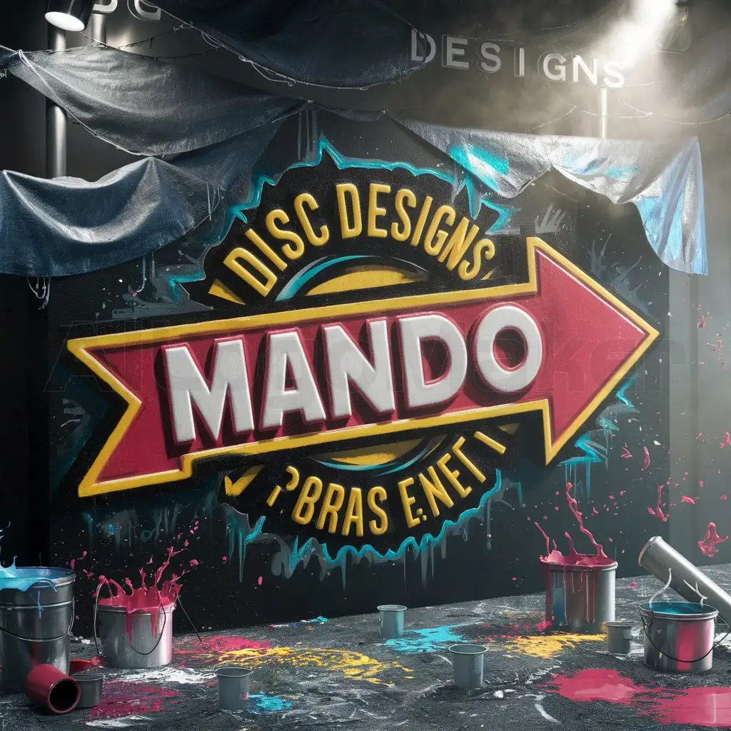 a logo design,with the text 'Disc designs', main symbol: freshly painted Street graffiti . A wide arrow depicting 'MANDO', deep bright colors, street lighting, graffiti-style text and art, buckets of paint, paint cups, spilled and splashed paint, paint drops flying, tarps, dark background, complex, dark background