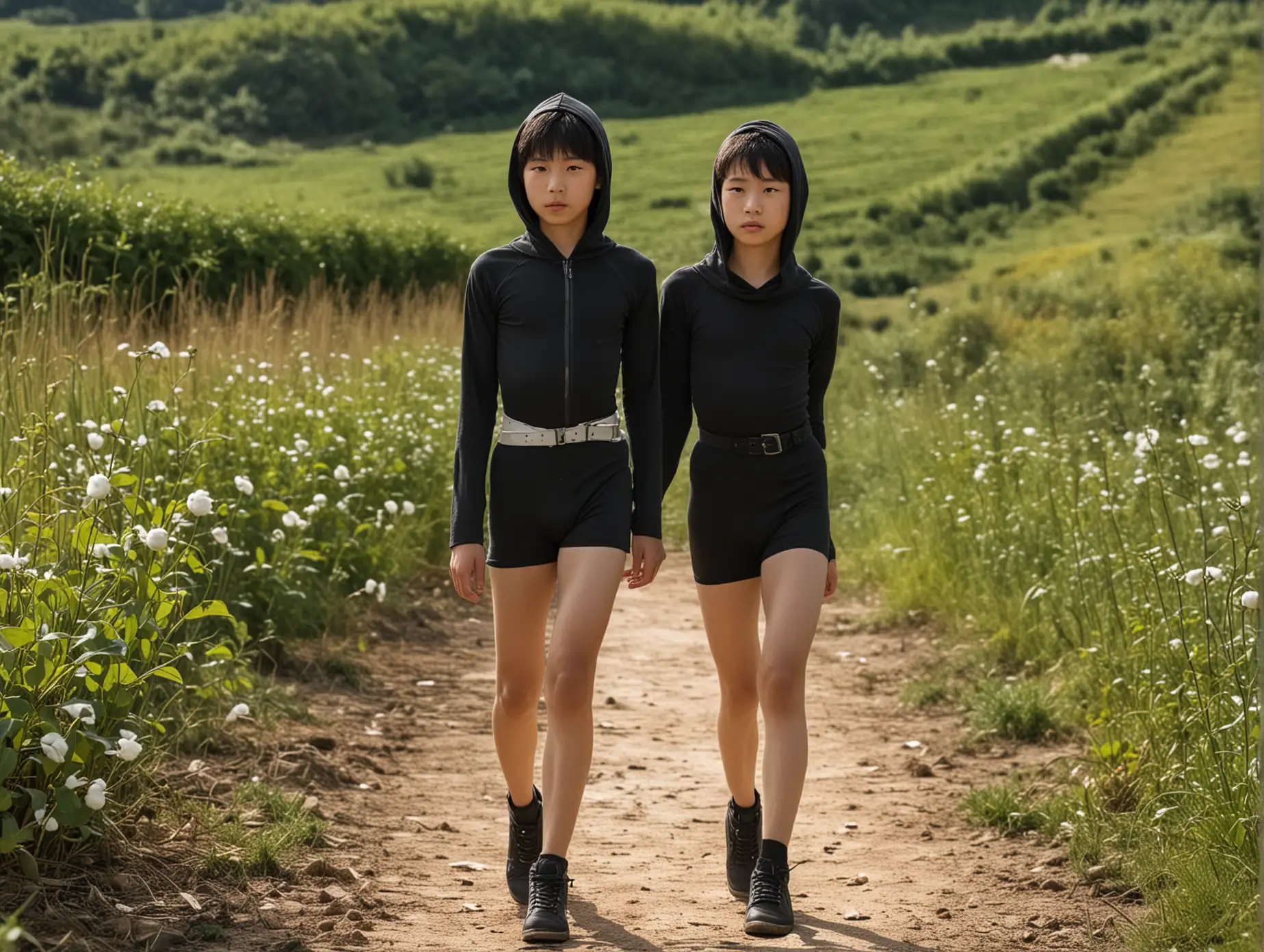 Thin 14 year old Chinese boy wearing a high-cut tight cotton leotard with hood and bare legs and a belt. Walking in countryside.