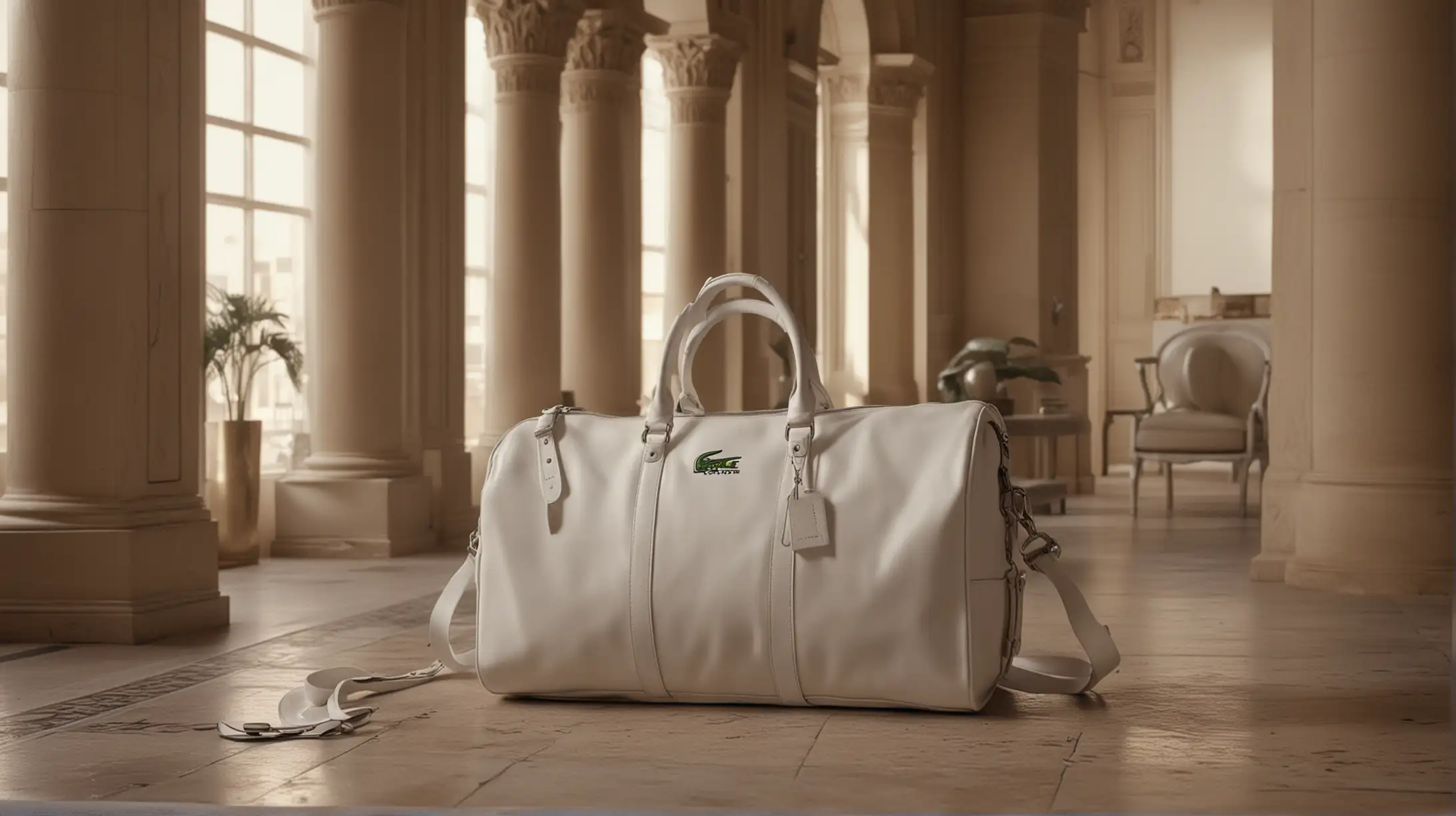 white leather lacoste training bags, shiny bags, they are placed on different furniture inside an egyptian beautiful building, cinematic light, ultra realistic, arri camera, film roll, 8k, best possible realism, female clothes