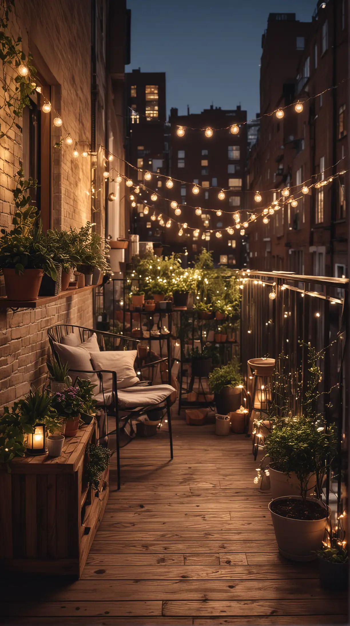 An urban balcony at dusk, enhanced with twinkling string lights and soft glowing lanterns, creating a warm and inviting atmosphere.