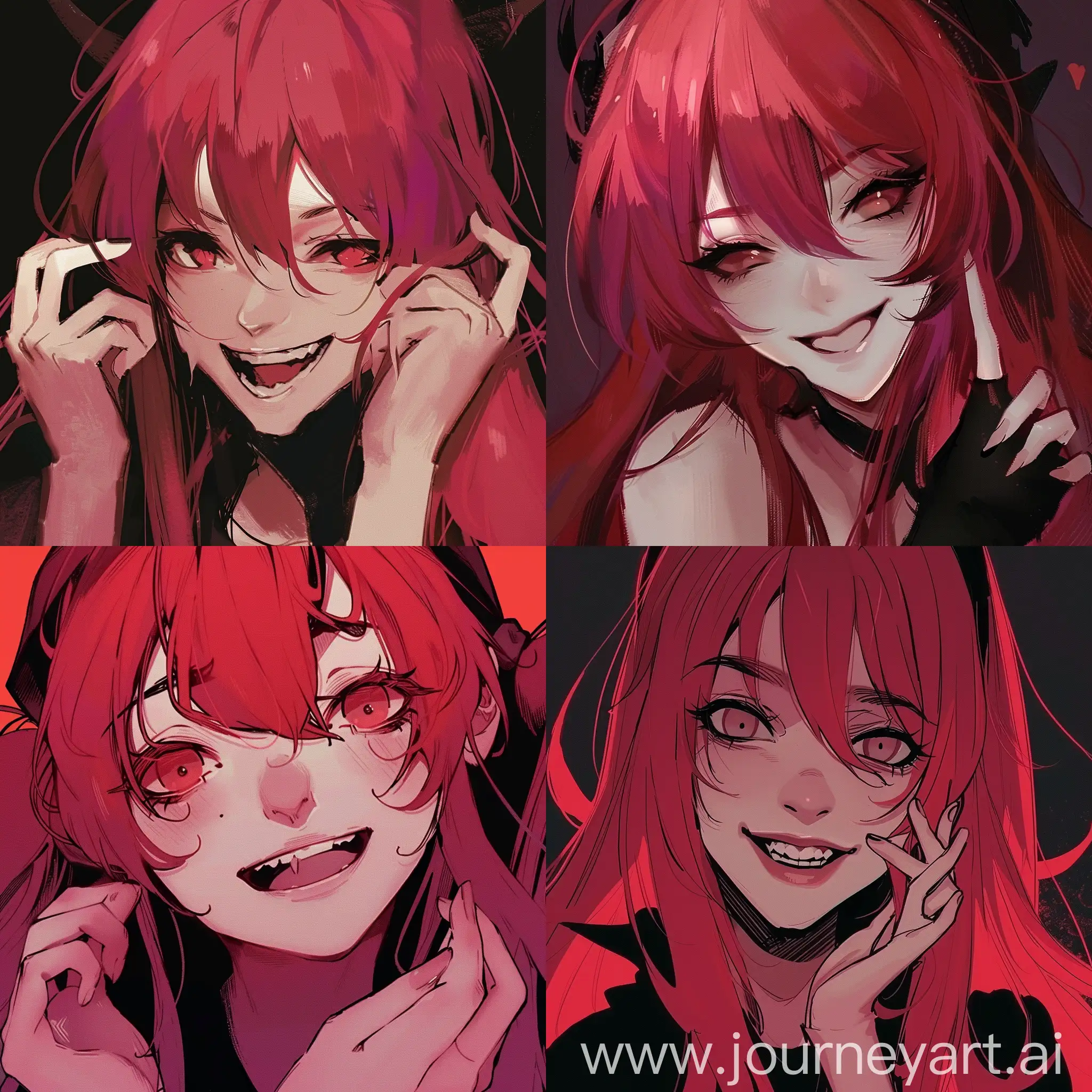 red hair girl, smile, satanic, "normal hands", normal eyes, normal mouth