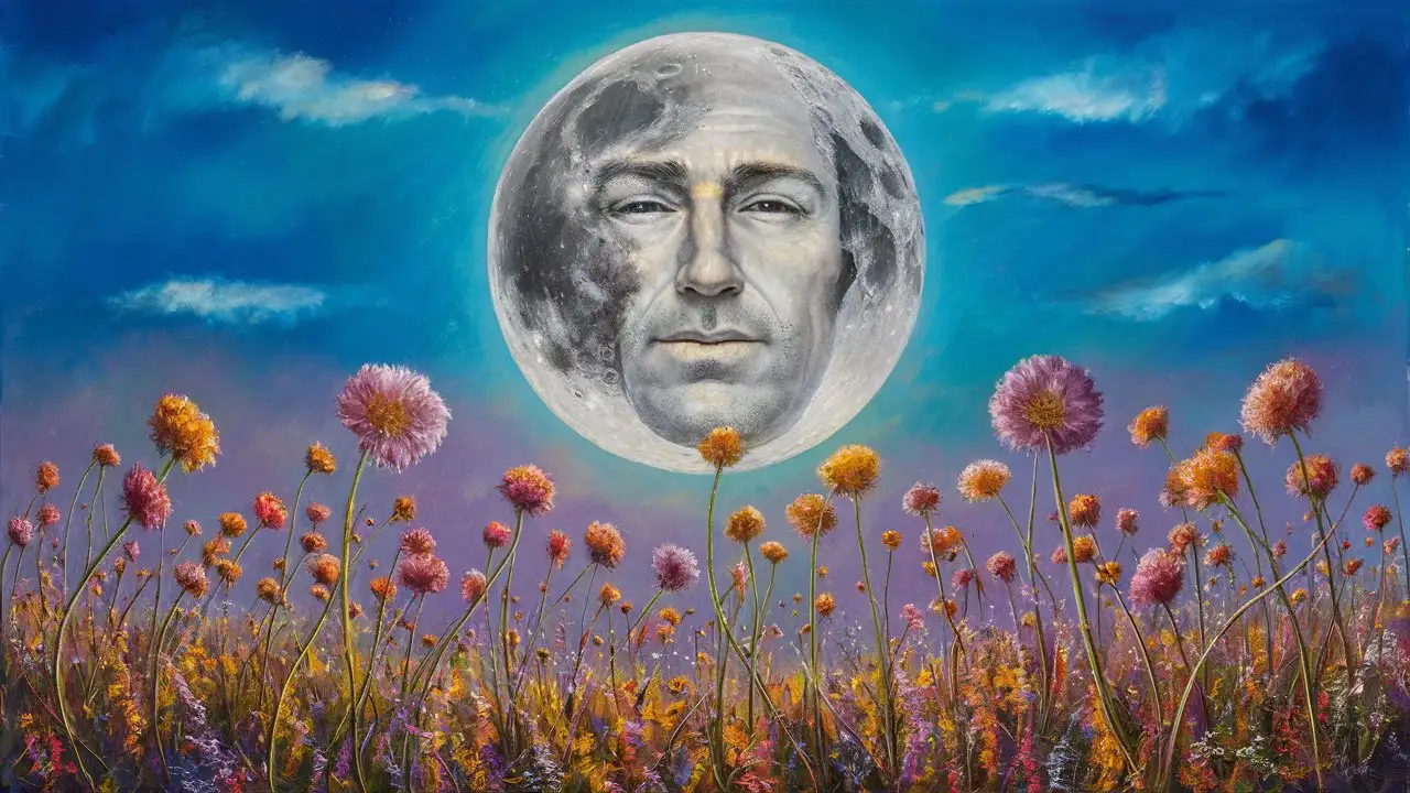 Surrealism painting of a full moon with a man's face in a blue sky over a field of colorful flowers.