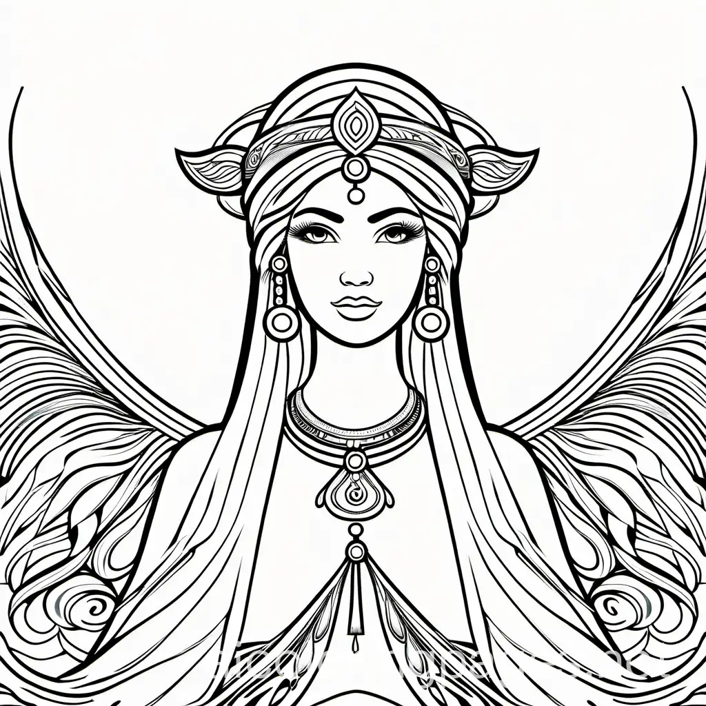 lady Aurelina, Coloring Page, black and white, line art, white background, Simplicity, Ample White Space. The background of the coloring page is plain white to make it easy for young children to color within the lines. The outlines of all the subjects are easy to distinguish, making it simple for kids to color without too much difficulty