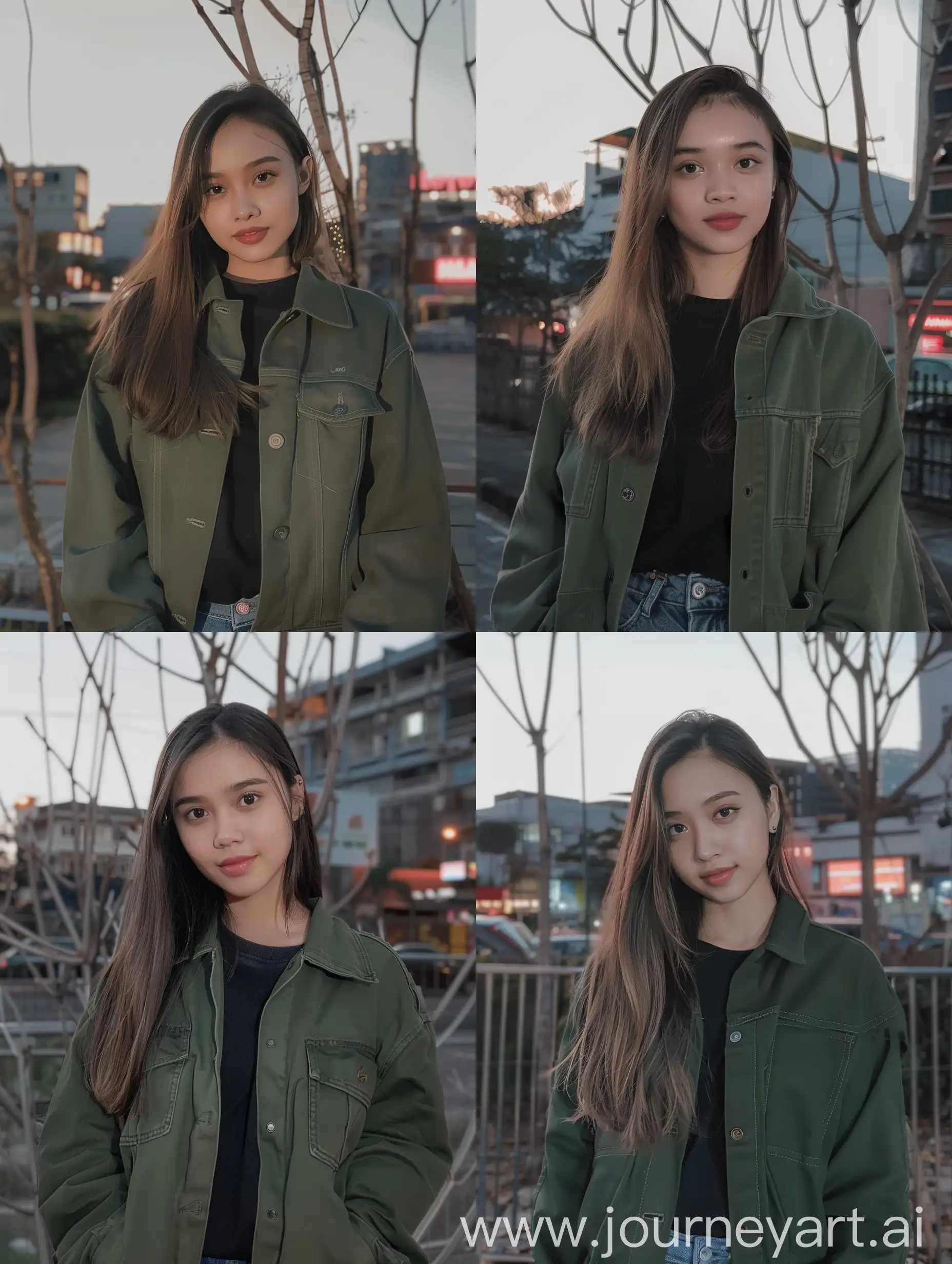 Young-Javanese-Woman-in-Green-Trucker-Jacket-Amid-Urban-Sunset