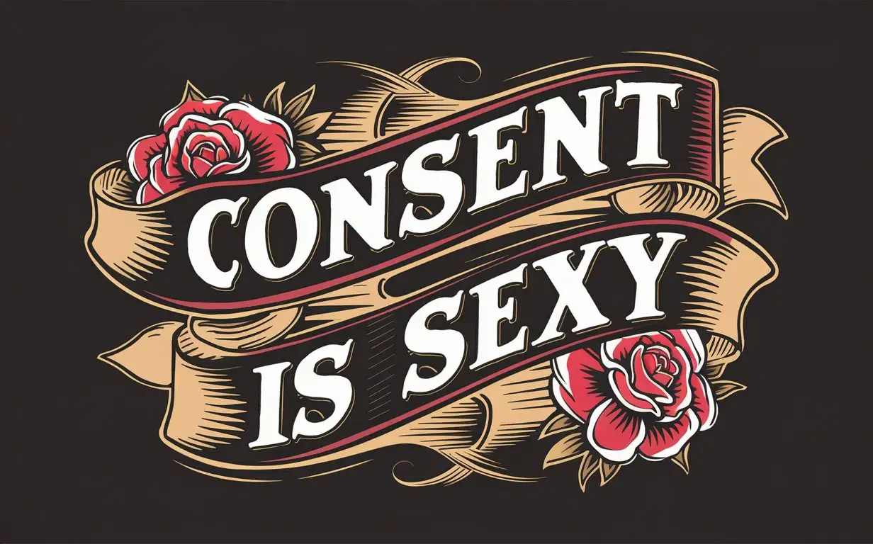 Create a vintage tattoo-style design featuring the phrase 'Consent is Sexy'. The design should be suitable for direct-to-garment printing on black or dark-colored shirts, appealing to both males and females. Use a bold, vintage-inspired font that conveys a classic tattoo aesthetic. Incorporate graphic elements such as traditional tattoo-style hearts, roses, and banners to enhance the theme. Use a bright and contrasting color scheme with shades like red, white, and gold to make the design stand out against a dark background. Ensure the text is clear and the overall design is intricate yet readable, emphasizing the positive and empowering message of consent. The design should maintain a balance between creativity and print quality.