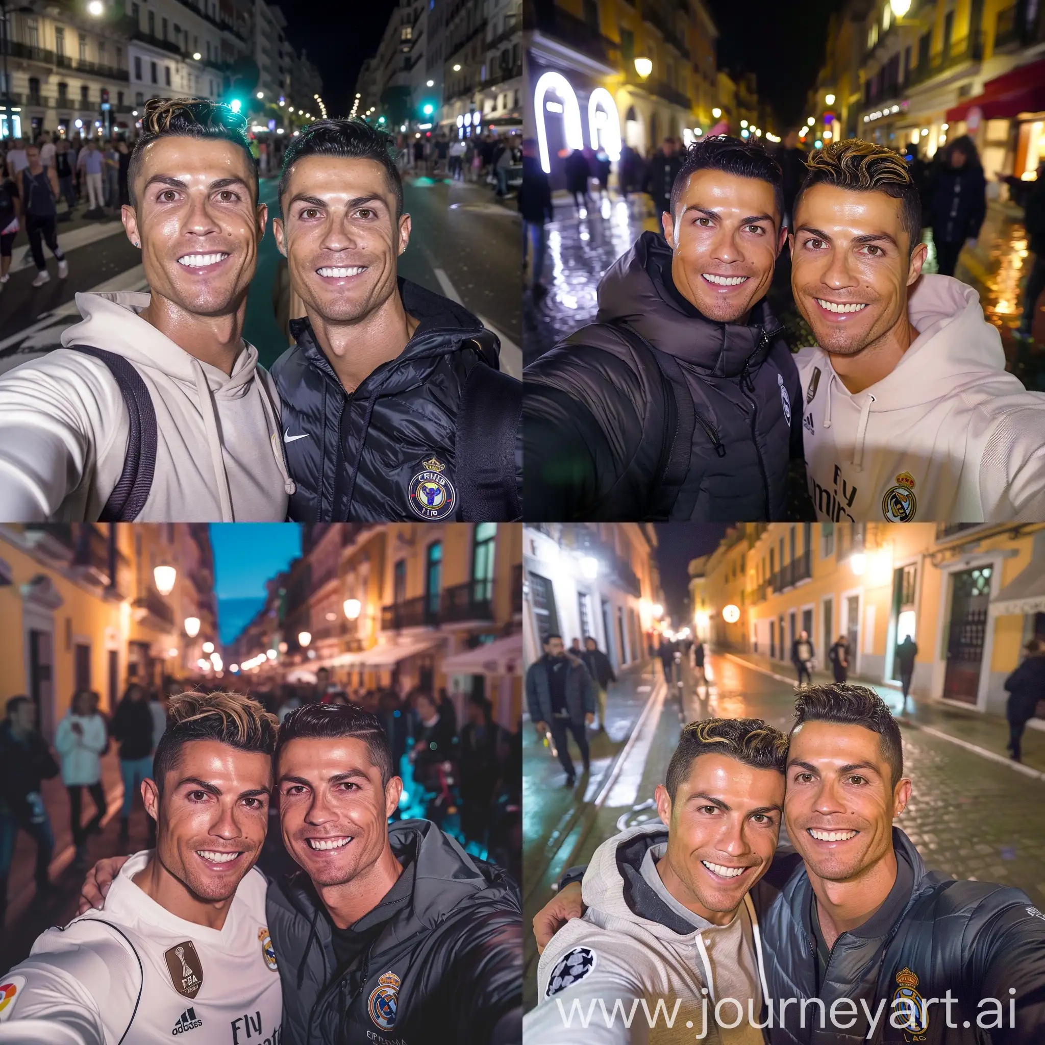 photo taken by a smartphone front selfie camera of donald t and cristiano ronaldo together taking a selfie, smiling, streets, night