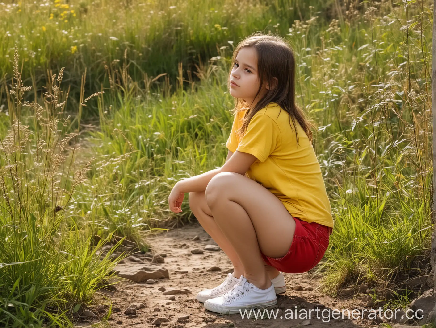 Young-Girl-in-Red-Denim-Shorts-and-Yellow-TShirt-Squatting-Outdoors