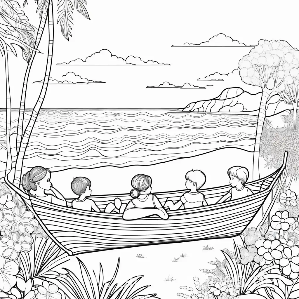 children relaxing: coloring pages, Coloring Page, black and white, line art, white background, Simplicity, Ample White Space. The background of the coloring page is plain white to make it easy for young children to color within the lines. The outlines of all the subjects are easy to distinguish, making it simple for kids to color without too much difficulty