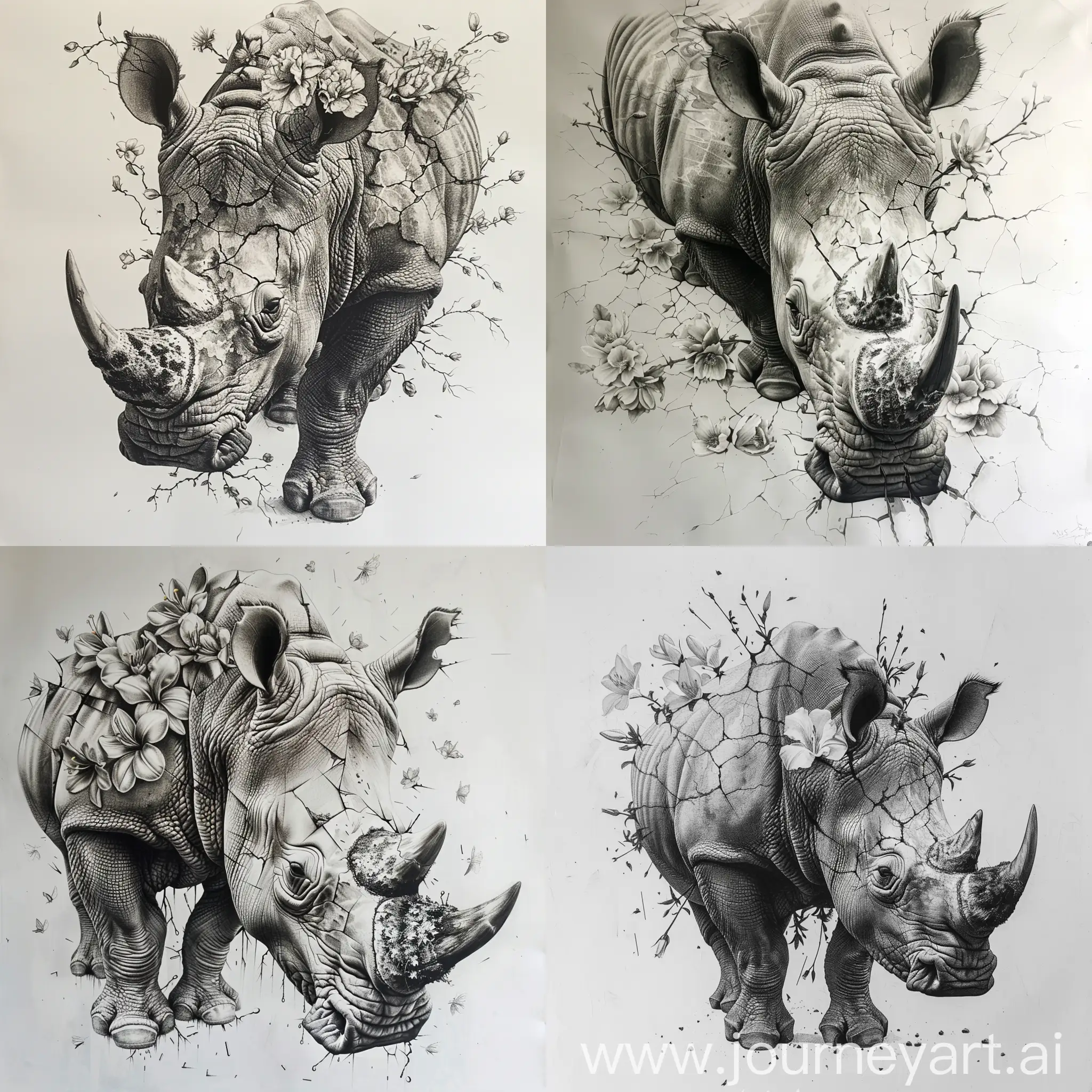 genre creative dark hyper realistic pencil sketch of a rhino on prism like surface, the upper body of the rhino is cracking and from those cracks flowers are growing, on a large canvas in great details with white background
