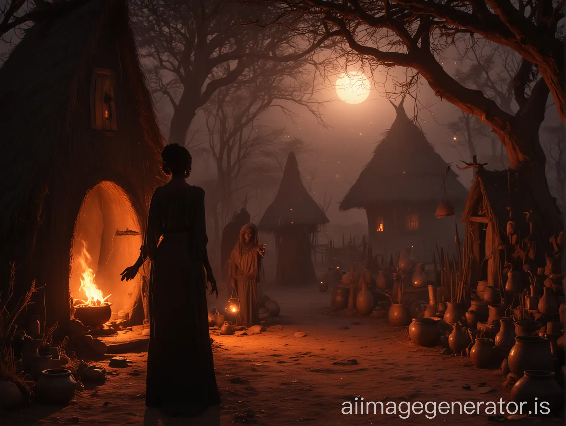 african black lady standing before the witch hut ,her hand outstretched to receive the potion, while the eerie glow of the witch cauldron illuminates the scene
