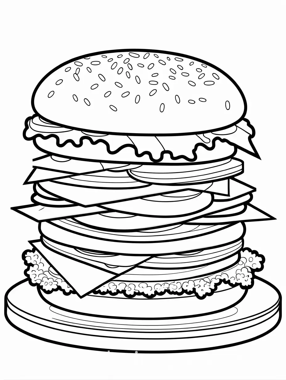 create a coloring page of a hamburguer , Coloring Page, black and white, line art, white background, Simplicity, Ample White Space. The background of the coloring page is plain white to make it easy for young children to color within the lines. The outlines of all the subjects are easy to distinguish, making it simple for kids to color without too much difficulty